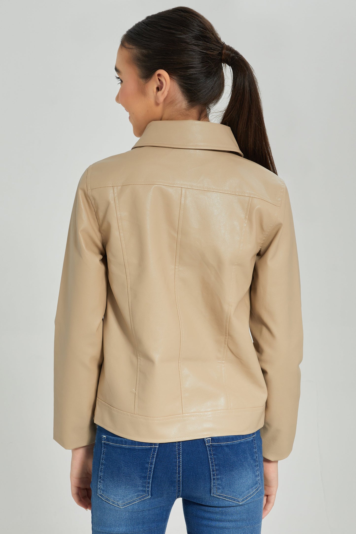 Senior Girls Beige Biker Embellished Jacket