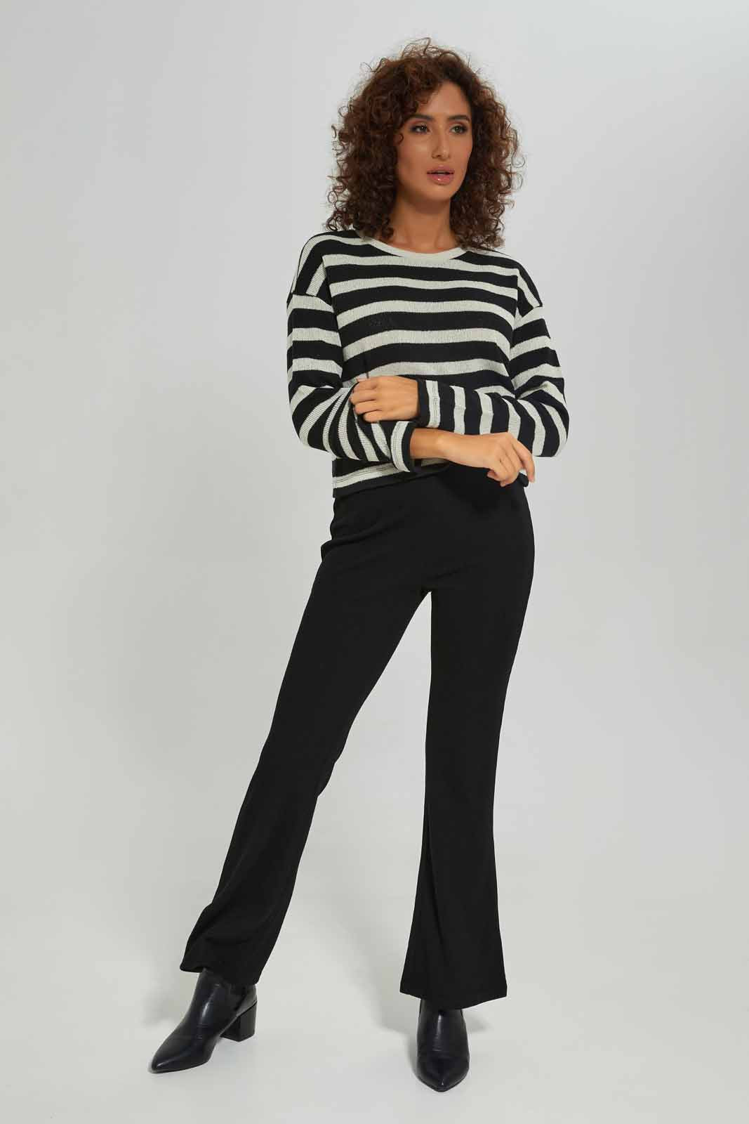 Redtag-Women-Black-Solid-Texture-Flare-Trouser-Category:Trousers,-Colour:Black,-Deals:New-In,-Dept:Ladieswear,-Filter:Women's-Clothing,-New-In-Women-APL,-Non-Sale,-S23A,-Section:Women,-Women-Trousers-Women's-
