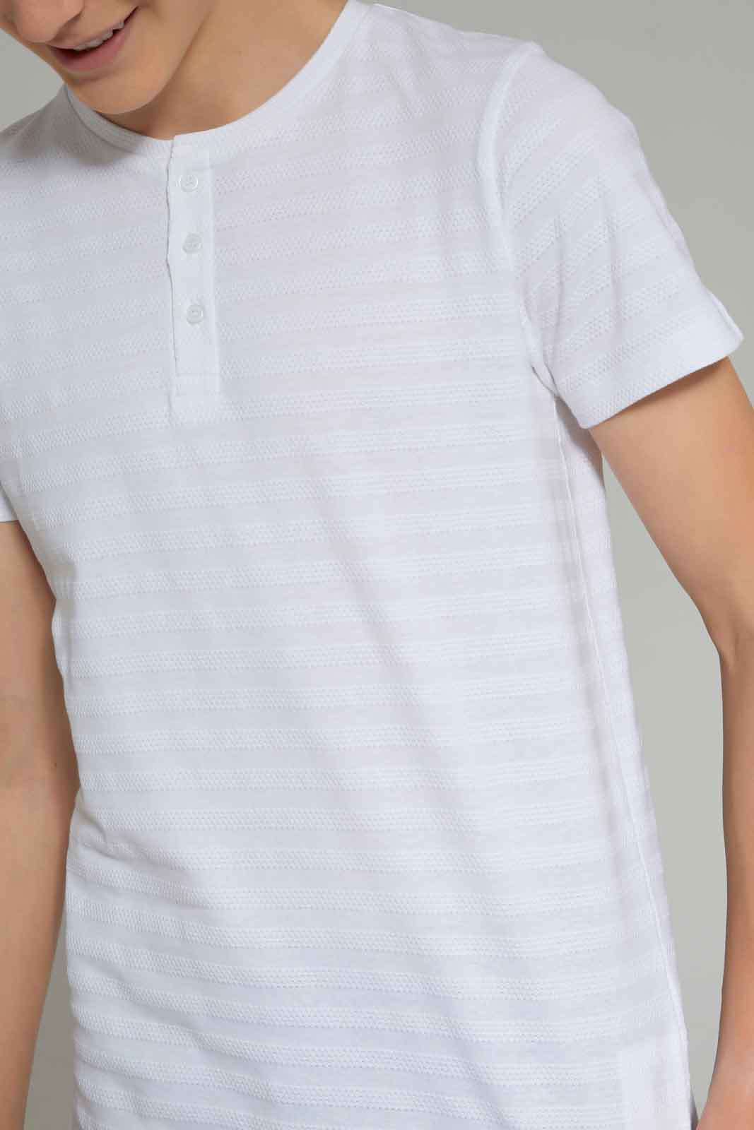 Redtag-Boys-White-Jacquard-Henley-Tee-BSR-T-Shirts,-BTS,-Category:T-Shirts,-Colour:White,-Deals:New-In,-Dept:Boys,-Filter:Senior-Boys-(8-to-14-Yrs),-New-In-BSR-APL,-Non-Sale,-S23A,-Section:Boys-(0-to-14Yrs),-TBL-Senior-Boys-9 to 14 Years