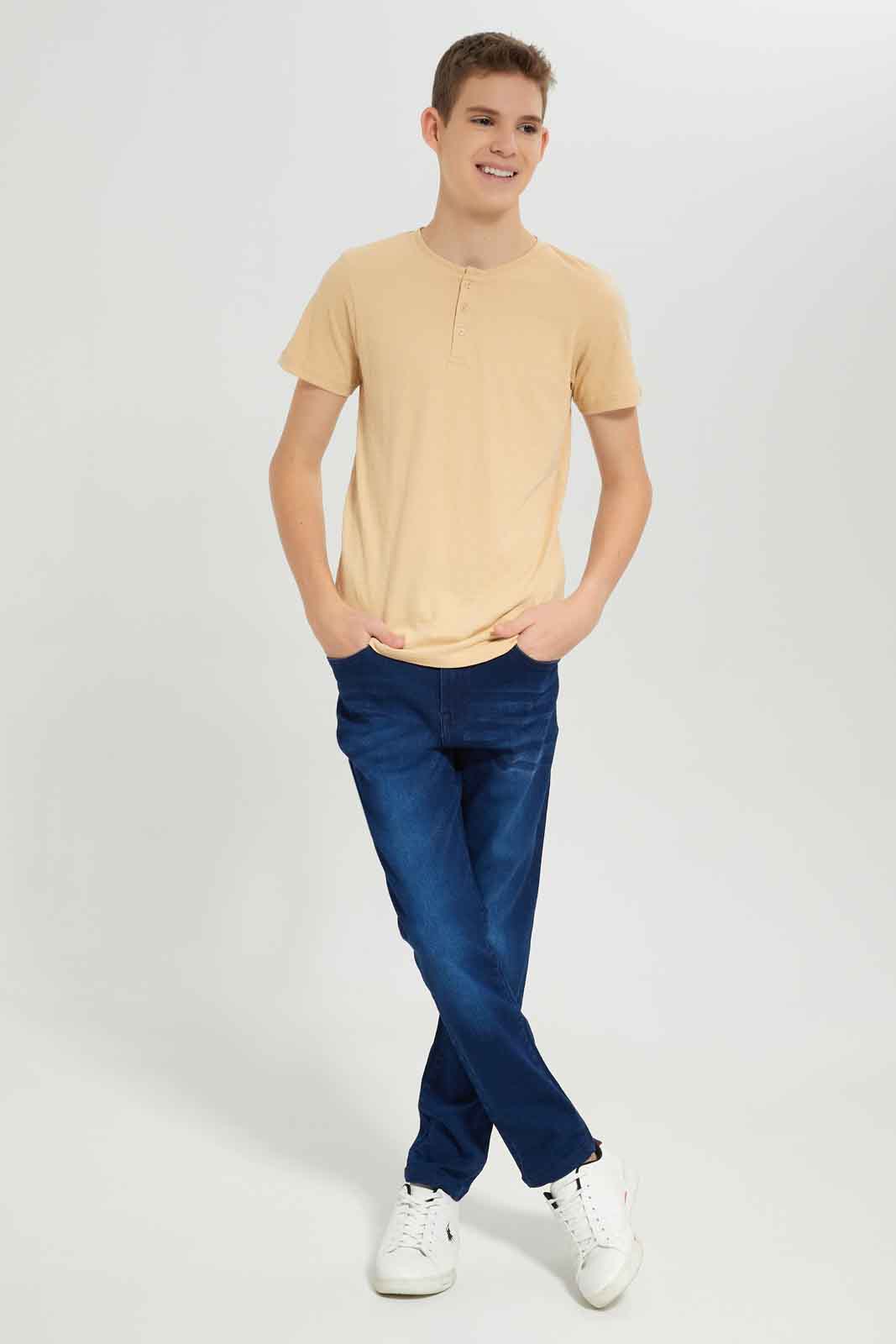 Redtag-Boys-Beige-Jacquard-Henley-Tee-BSR-T-Shirts,-Category:T-Shirts,-Colour:Beige,-Deals:New-In,-Dept:Boys,-Filter:Senior-Boys-(8-to-14-Yrs),-New-In-BSR-APL,-Non-Sale,-S23A,-Section:Boys-(0-to-14Yrs),-TBL-Senior-Boys-9 to 14 Years