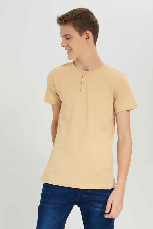 Redtag-Boys-Beige-Jacquard-Henley-Tee-BSR-T-Shirts,-Category:T-Shirts,-Colour:Beige,-Deals:New-In,-Dept:Boys,-Filter:Senior-Boys-(8-to-14-Yrs),-New-In-BSR-APL,-Non-Sale,-S23A,-Section:Boys-(0-to-14Yrs),-TBL-Senior-Boys-9 to 14 Years