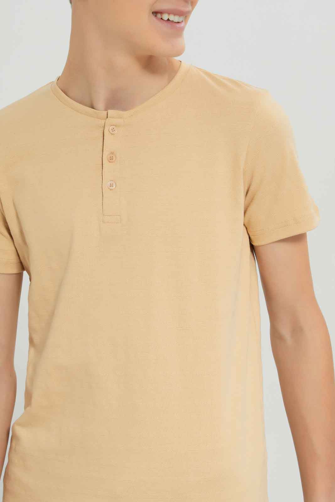 Redtag-Boys-Beige-Jacquard-Henley-Tee-BSR-T-Shirts,-Category:T-Shirts,-Colour:Beige,-Deals:New-In,-Dept:Boys,-Filter:Senior-Boys-(8-to-14-Yrs),-New-In-BSR-APL,-Non-Sale,-S23A,-Section:Boys-(0-to-14Yrs),-TBL-Senior-Boys-9 to 14 Years