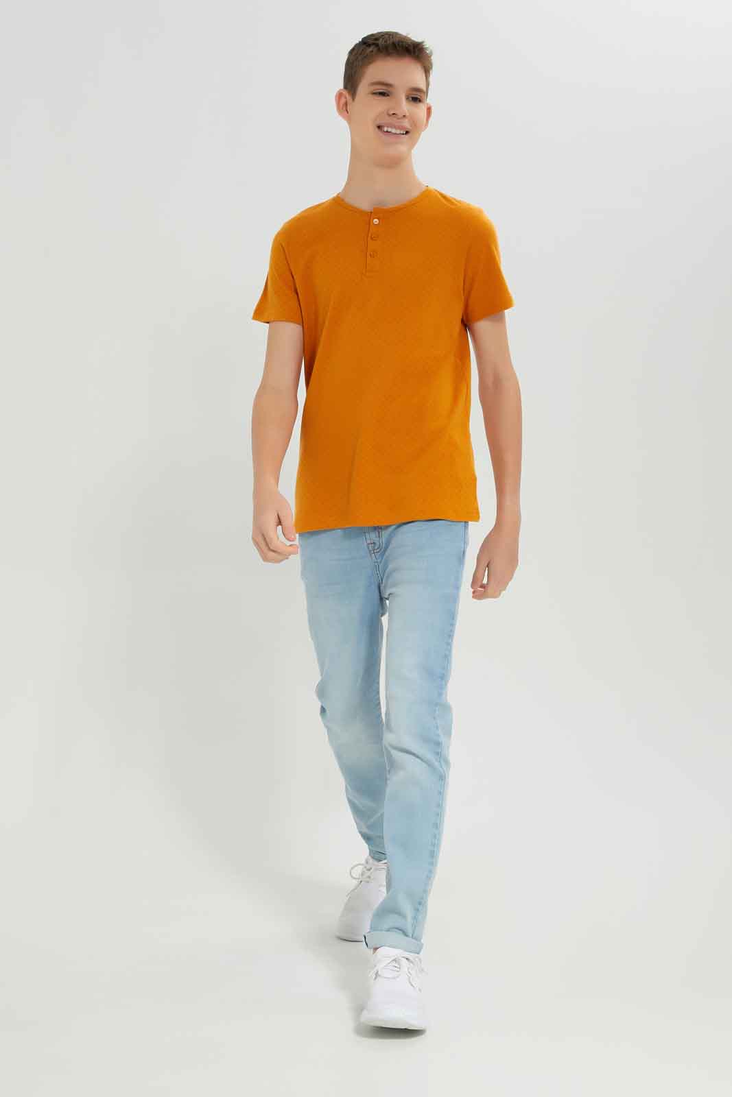 Redtag-Boys-Mustarad-Jacquard-Henley-Tee-BSR-T-Shirts,-Category:T-Shirts,-Colour:Mustard,-Deals:New-In,-Dept:Boys,-Filter:Senior-Boys-(8-to-14-Yrs),-New-In-BSR-APL,-Non-Sale,-S23A,-Section:Boys-(0-to-14Yrs),-TBL-Senior-Boys-9 to 14 Years