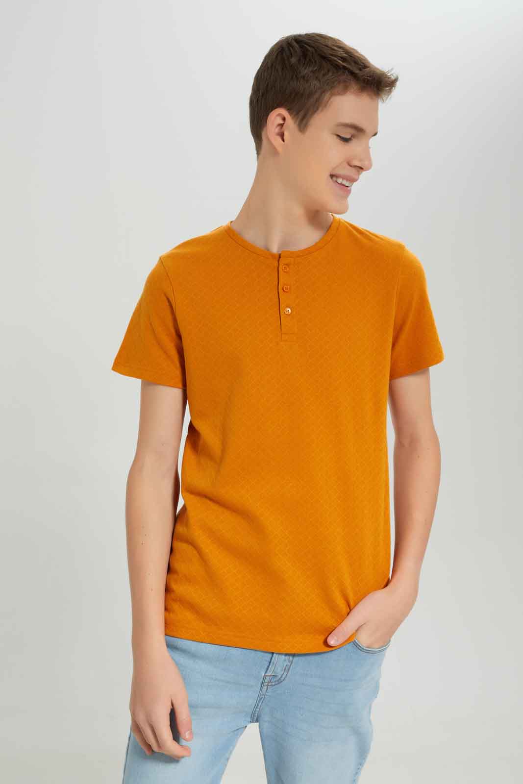 Redtag-Boys-Mustarad-Jacquard-Henley-Tee-BSR-T-Shirts,-Category:T-Shirts,-Colour:Mustard,-Deals:New-In,-Dept:Boys,-Filter:Senior-Boys-(8-to-14-Yrs),-New-In-BSR-APL,-Non-Sale,-S23A,-Section:Boys-(0-to-14Yrs),-TBL-Senior-Boys-9 to 14 Years