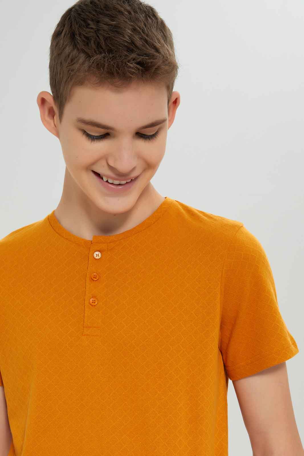 Redtag-Boys-Mustarad-Jacquard-Henley-Tee-BSR-T-Shirts,-Category:T-Shirts,-Colour:Mustard,-Deals:New-In,-Dept:Boys,-Filter:Senior-Boys-(8-to-14-Yrs),-New-In-BSR-APL,-Non-Sale,-S23A,-Section:Boys-(0-to-14Yrs),-TBL-Senior-Boys-9 to 14 Years