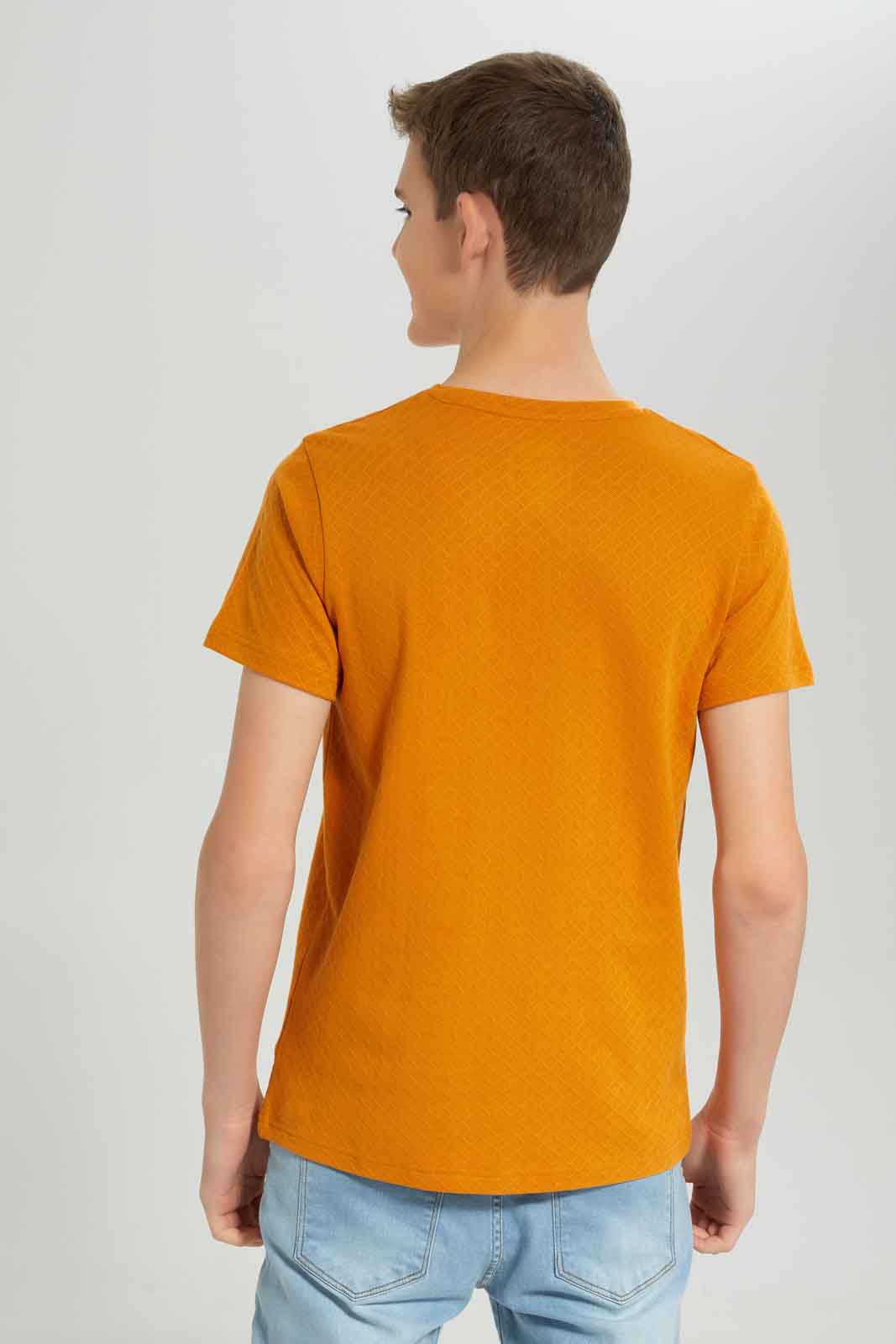 Redtag-Boys-Mustarad-Jacquard-Henley-Tee-BSR-T-Shirts,-Category:T-Shirts,-Colour:Mustard,-Deals:New-In,-Dept:Boys,-Filter:Senior-Boys-(8-to-14-Yrs),-New-In-BSR-APL,-Non-Sale,-S23A,-Section:Boys-(0-to-14Yrs),-TBL-Senior-Boys-9 to 14 Years
