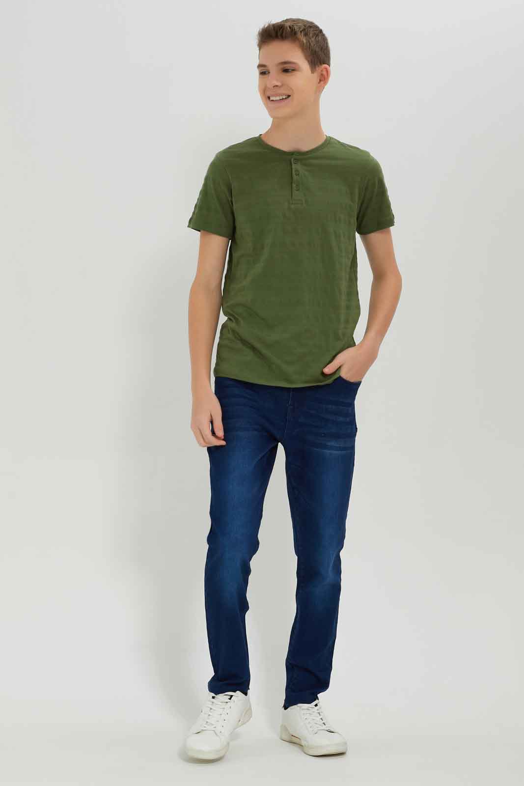Redtag-Boys-Olive-Jacquard-Henley-Tee-BSR-T-Shirts,-Category:T-Shirts,-Colour:Green,-Deals:New-In,-Dept:Boys,-Filter:Senior-Boys-(8-to-14-Yrs),-New-In-BSR-APL,-Non-Sale,-S23A,-Section:Boys-(0-to-14Yrs),-TBL-Senior-Boys-9 to 14 Years