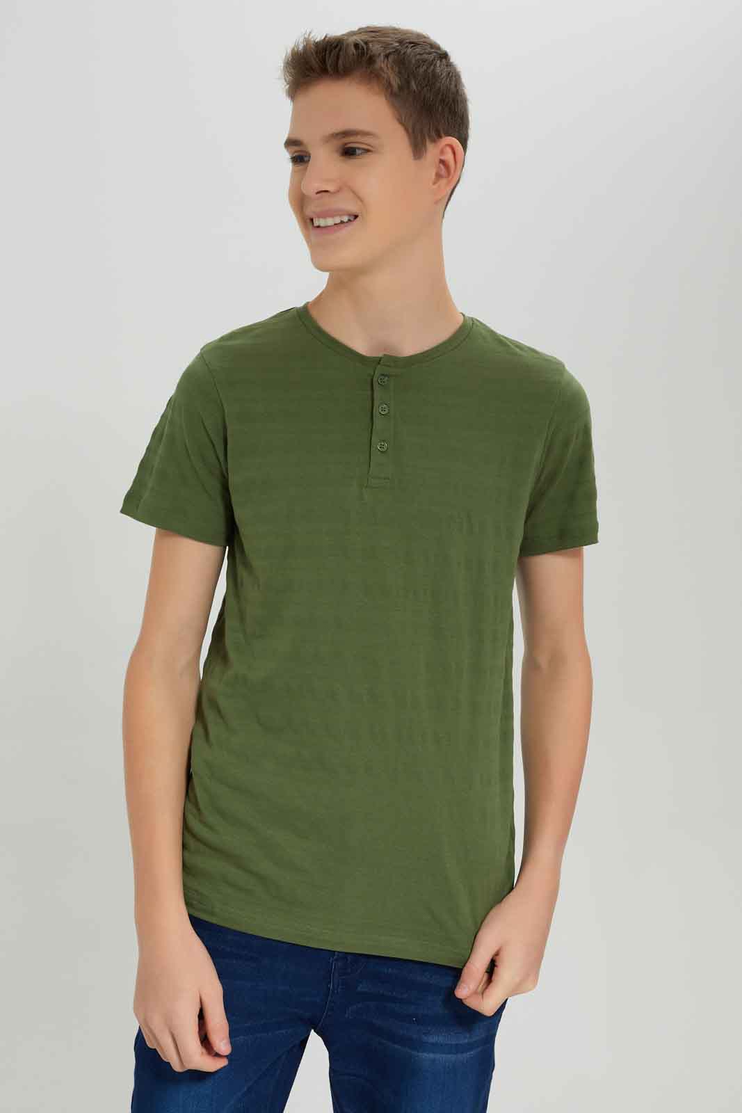 Redtag-Boys-Olive-Jacquard-Henley-Tee-BSR-T-Shirts,-Category:T-Shirts,-Colour:Green,-Deals:New-In,-Dept:Boys,-Filter:Senior-Boys-(8-to-14-Yrs),-New-In-BSR-APL,-Non-Sale,-S23A,-Section:Boys-(0-to-14Yrs),-TBL-Senior-Boys-9 to 14 Years