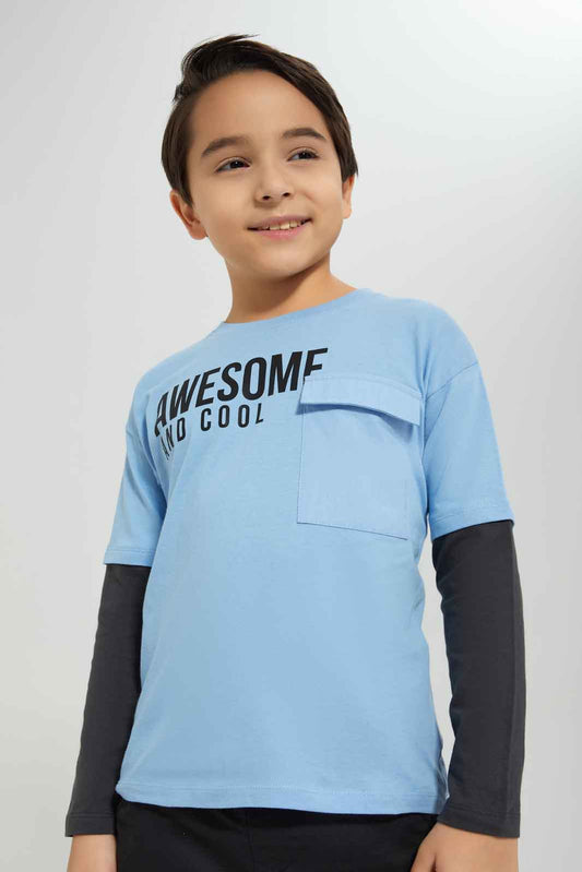 Redtag-Boys-Blue-Long-Sleeve-T-Shirt-With-Contrast-Sleeve-BOY-T-Shirts,-Category:T-Shirts,-Colour:Blue,-Deals:New-In,-Dept:Boys,-Filter:Boys-(2-to-8-Yrs),-New-In-BOY-APL,-Non-Sale,-Section:Boys-(0-to-14Yrs),-W22B-Boys-2 to 8 Years