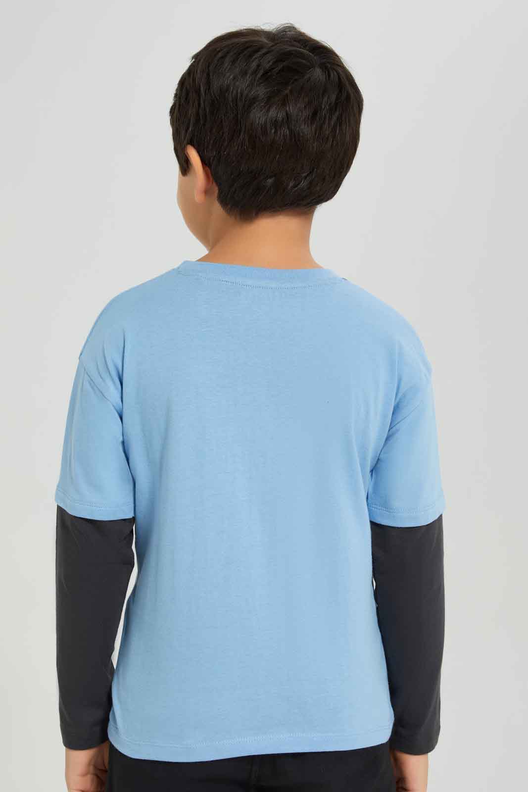 Redtag-Boys-Blue-Long-Sleeve-T-Shirt-With-Contrast-Sleeve-BOY-T-Shirts,-Category:T-Shirts,-Colour:Blue,-Deals:New-In,-Dept:Boys,-Filter:Boys-(2-to-8-Yrs),-New-In-BOY-APL,-Non-Sale,-Section:Boys-(0-to-14Yrs),-W22B-Boys-2 to 8 Years