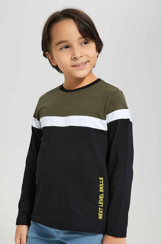 Redtag-Boys-Olive-Cut-And-Sew-Panelled-T-Shirt-BOY-T-Shirts,-Category:T-Shirts,-Colour:Olive,-Deals:New-In,-Filter:Boys-(2-to-8-Yrs),-New-In-BOY-APL,-Non-Sale,-Section:Boys-(0-to-14Yrs),-VLM,-W22B-Boys-2 to 8 Years