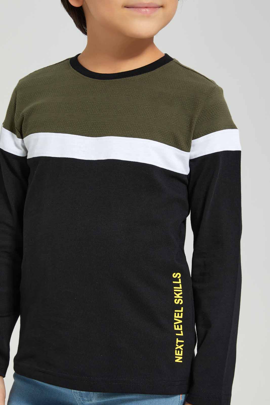 Redtag-Boys-Olive-Cut-And-Sew-Panelled-T-Shirt-BOY-T-Shirts,-Category:T-Shirts,-Colour:Olive,-Deals:New-In,-Filter:Boys-(2-to-8-Yrs),-New-In-BOY-APL,-Non-Sale,-Section:Boys-(0-to-14Yrs),-VLM,-W22B-Boys-2 to 8 Years