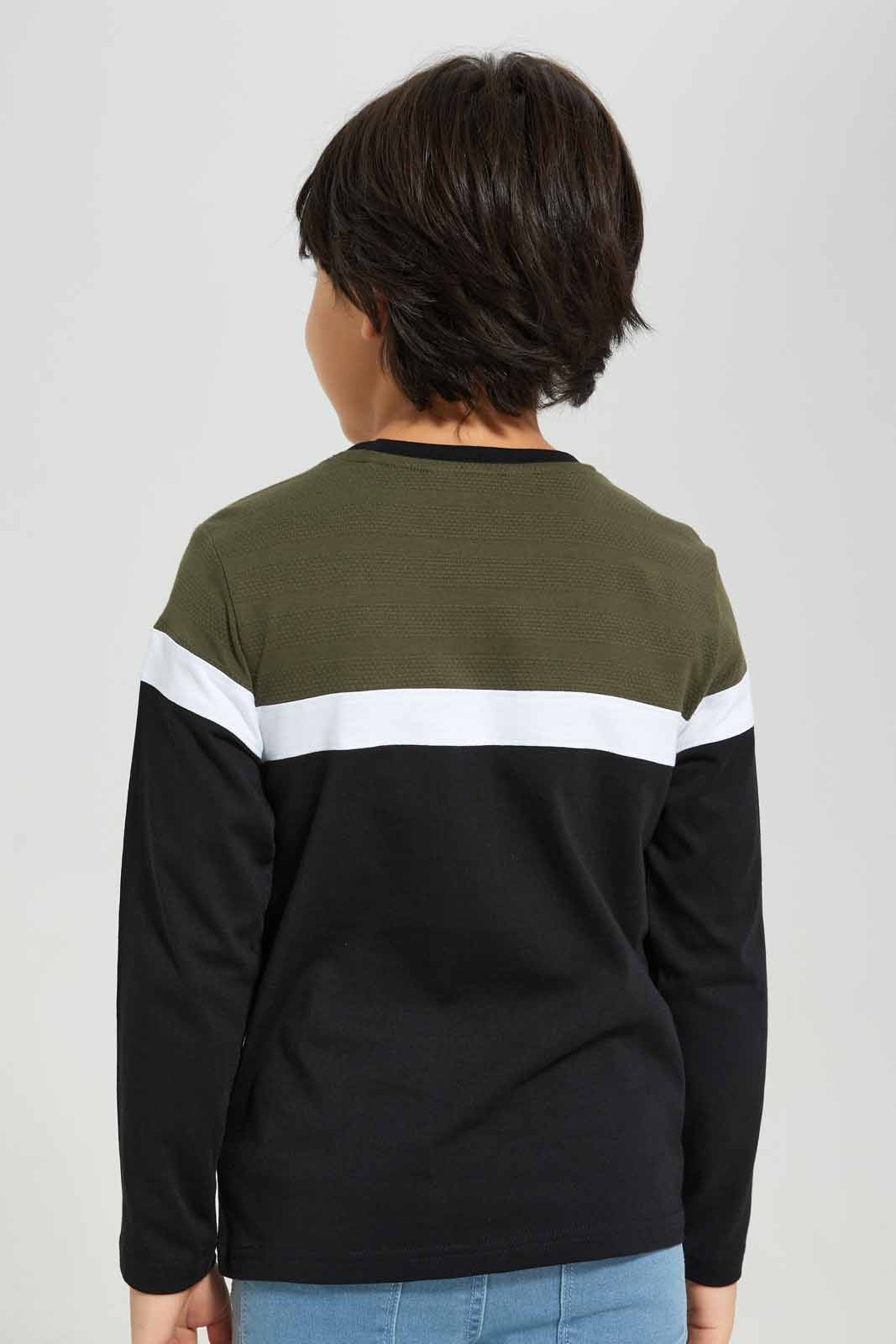 Redtag-Boys-Olive-Cut-And-Sew-Panelled-T-Shirt-BOY-T-Shirts,-Category:T-Shirts,-Colour:Olive,-Deals:New-In,-Filter:Boys-(2-to-8-Yrs),-New-In-BOY-APL,-Non-Sale,-Section:Boys-(0-to-14Yrs),-VLM,-W22B-Boys-2 to 8 Years