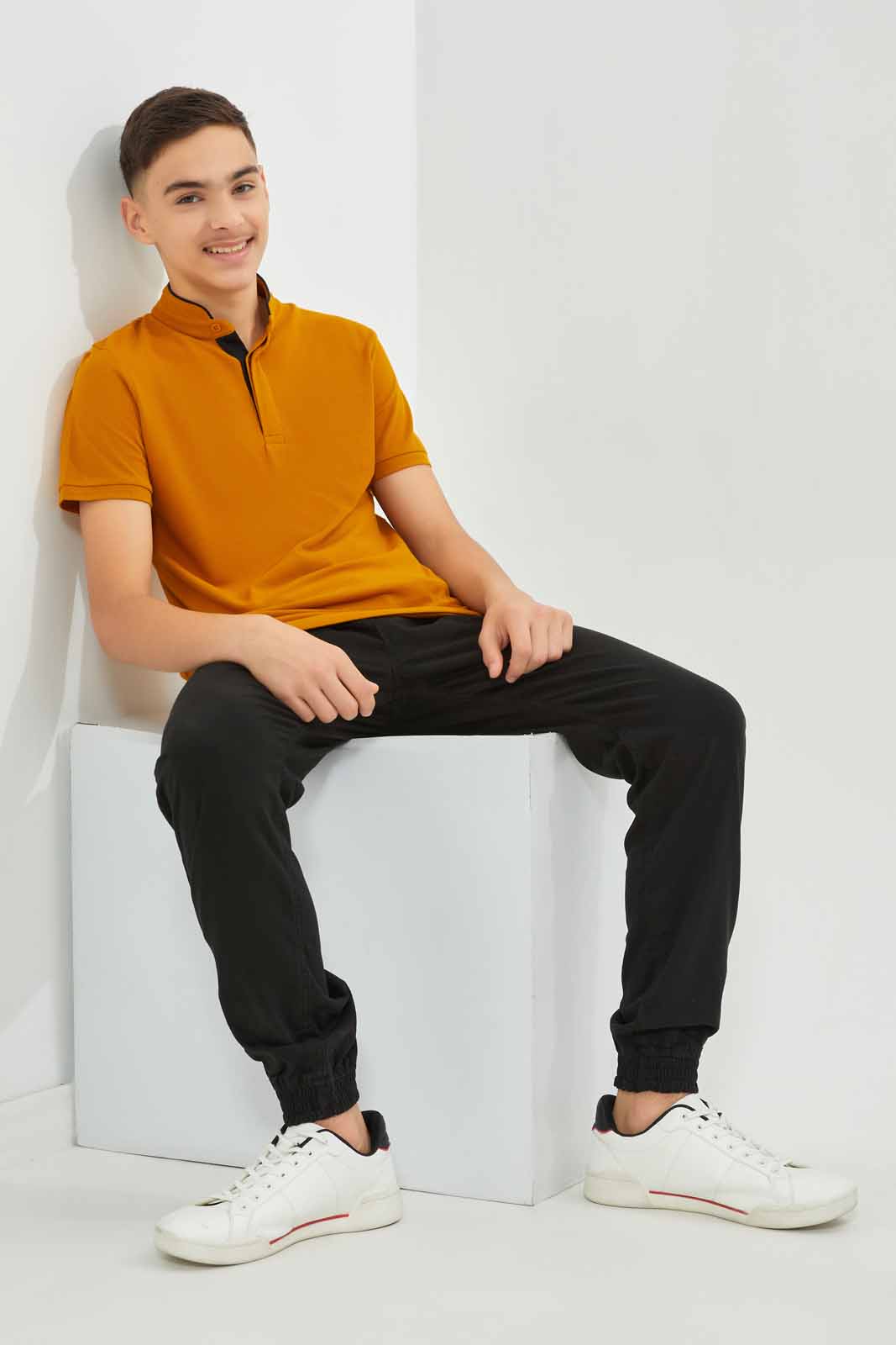 Redtag-Boys-Mustard-Mandarin-Collar-Polo-BSR-Polo-T-Shirts,-Category:Polo-T-Shirts,-Colour:Mustard,-Deals:New-In,-Dept:Boys,-Filter:Senior-Boys-(8-to-14-Yrs),-New-In-BSR-APL,-Non-Sale,-S23A,-Section:Boys-(0-to-14Yrs),-TBL-Senior-Boys-9 to 14 Years