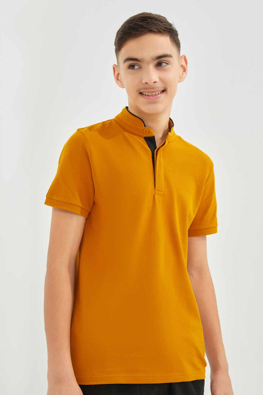 Redtag-Boys-Mustard-Mandarin-Collar-Polo-BSR-Polo-T-Shirts,-Category:Polo-T-Shirts,-Colour:Mustard,-Deals:New-In,-Dept:Boys,-Filter:Senior-Boys-(8-to-14-Yrs),-New-In-BSR-APL,-Non-Sale,-S23A,-Section:Boys-(0-to-14Yrs),-TBL-Senior-Boys-9 to 14 Years