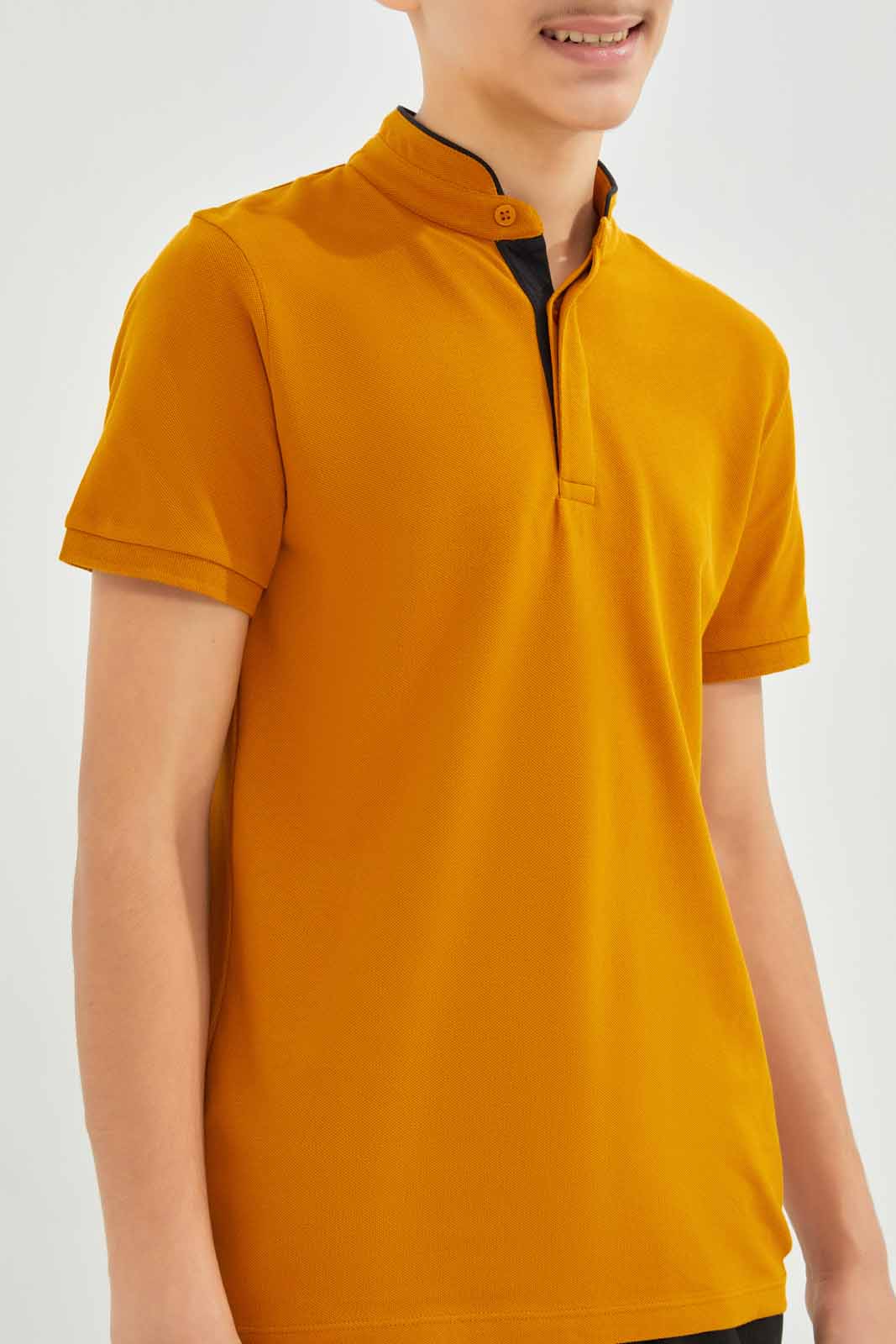 Redtag-Boys-Mustard-Mandarin-Collar-Polo-BSR-Polo-T-Shirts,-Category:Polo-T-Shirts,-Colour:Mustard,-Deals:New-In,-Dept:Boys,-Filter:Senior-Boys-(8-to-14-Yrs),-New-In-BSR-APL,-Non-Sale,-S23A,-Section:Boys-(0-to-14Yrs),-TBL-Senior-Boys-9 to 14 Years