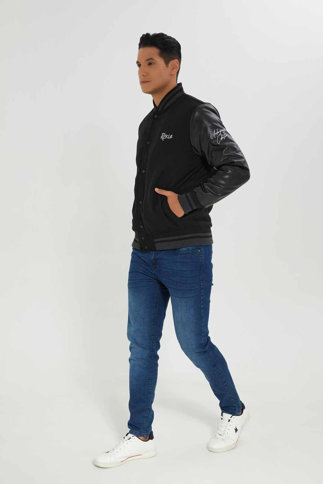 Redtag-Men-Black-Bomber-Jacket-With-Signature-Logo-&-Pu-Sleeves-Category:Jackets,-Colour:Black,-Deals:New-In,-Dept:Menswear,-Filter:Men's-Clothing,-Men-Jackets,-New-In-Men-APL,-Non-Sale,-S23A,-Section:Men-Men's-
