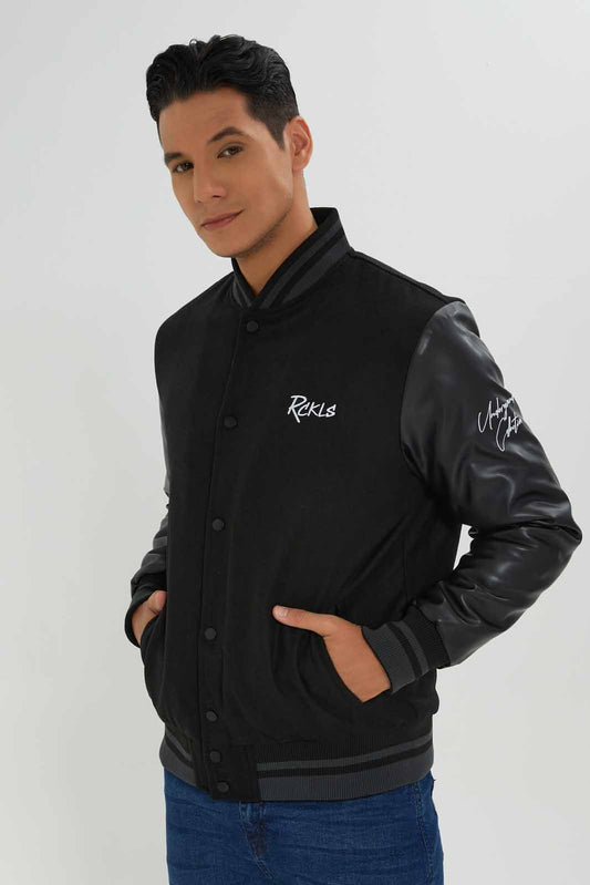 Redtag-Men-Black-Bomber-Jacket-With-Signature-Logo-&-Pu-Sleeves-Category:Jackets,-Colour:Black,-Deals:New-In,-Dept:Menswear,-Filter:Men's-Clothing,-Men-Jackets,-New-In-Men-APL,-Non-Sale,-S23A,-Section:Men-Men's-