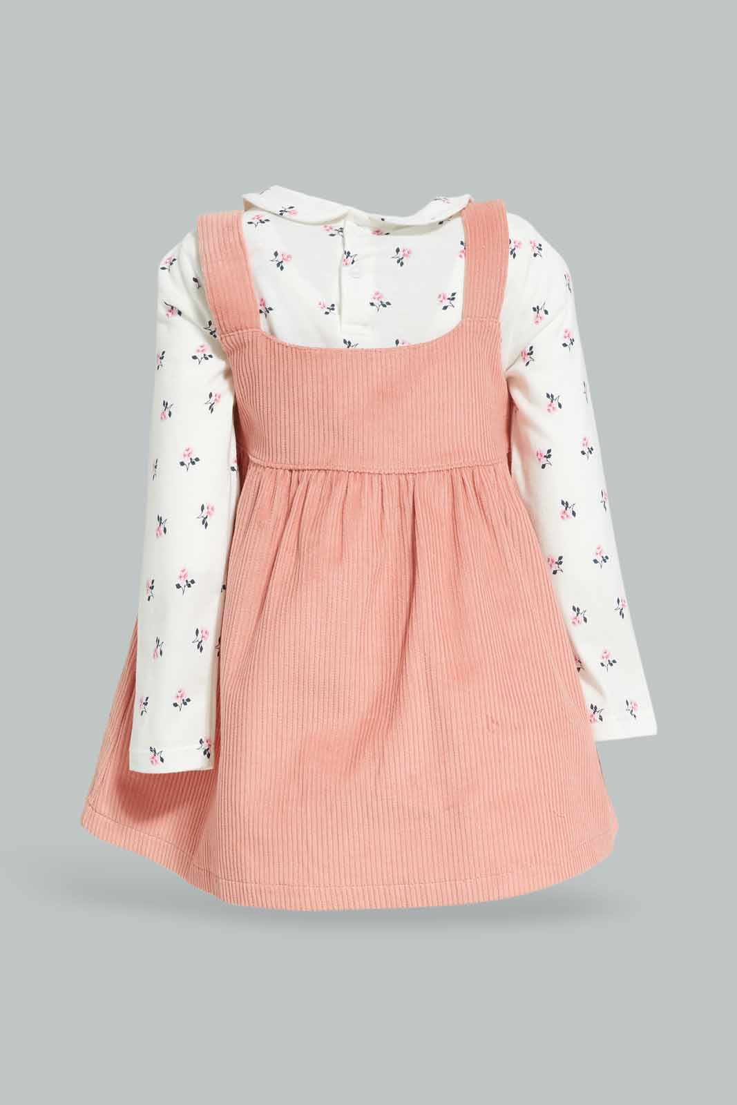 Redtag-Girls-Dusty-Pink-Dungree-Dress-With-Ivory-Aop-T-Shirt-Category:Sets,-Colour:Apricot,-Deals:New-In,-Dept:Girls,-Filter:Infant-Girls-(3-to-24-Mths),-ING-Sets,-New-In-ING-APL,-Non-Sale,-Section:Girls-(0-to-14Yrs),-W22B-Infant-Girls-3 to 24 Months