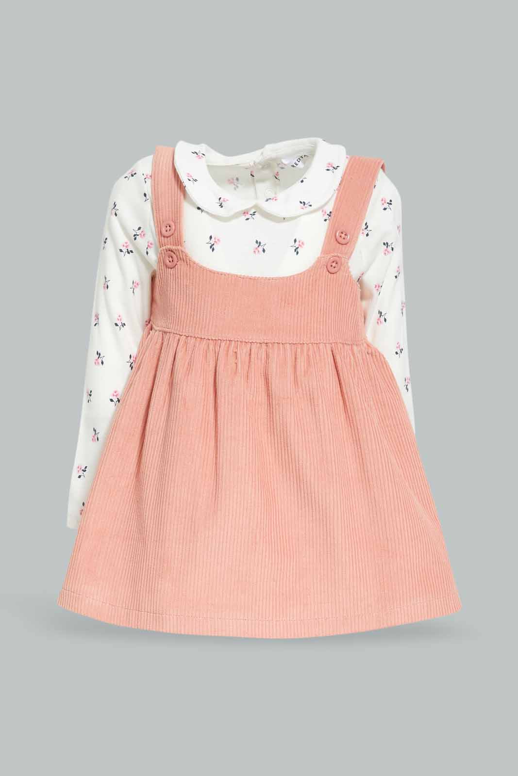 Redtag-Girls-Dusty-Pink-Dungree-Dress-With-Ivory-Aop-T-Shirt-Category:Sets,-Colour:Apricot,-Deals:New-In,-Dept:Girls,-Filter:Infant-Girls-(3-to-24-Mths),-ING-Sets,-New-In-ING-APL,-Non-Sale,-Section:Girls-(0-to-14Yrs),-W22B-Infant-Girls-3 to 24 Months