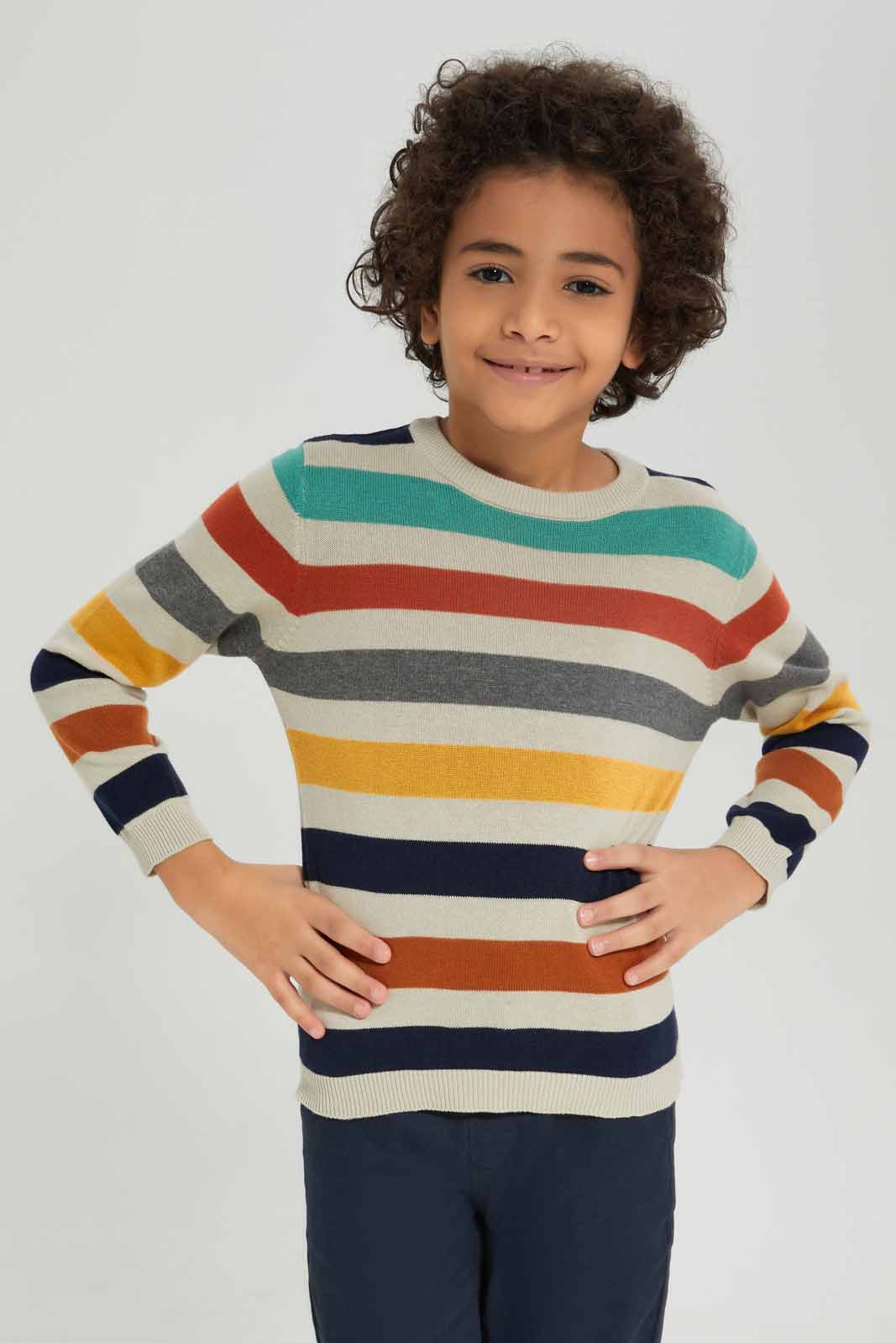 Redtag-Boys-Beige-Stripe-Crewneck-Jumper-BOY-Pullovers,-Category:Pullovers,-Colour:Beige,-Deals:New-In,-Dept:Boys,-Filter:Boys-(2-to-8-Yrs),-New-In-BOY-APL,-Non-Sale,-Section:Boys-(0-to-14Yrs),-TBL,-W22A-Boys-2 to 8 Years
