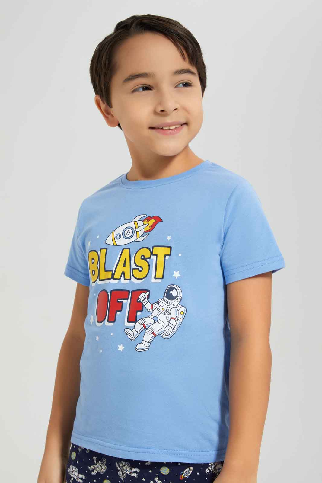 Redtag-Boys-Blue-Space-Short-Sleeve-Graphic-Tee-And-Aop-Shorts-Pyjama-Set-BOY-Pyjama-Sets,-Category:Pyjama-Sets,-Colour:Blue,-Deals:New-In,-Dept:Boys,-Filter:Boys-(2-to-8-Yrs),-New-In-BOY-APL,-Non-Sale,-S23A,-Section:Boys-(0-to-14Yrs),-VLM-Boys-2 to 8 Years