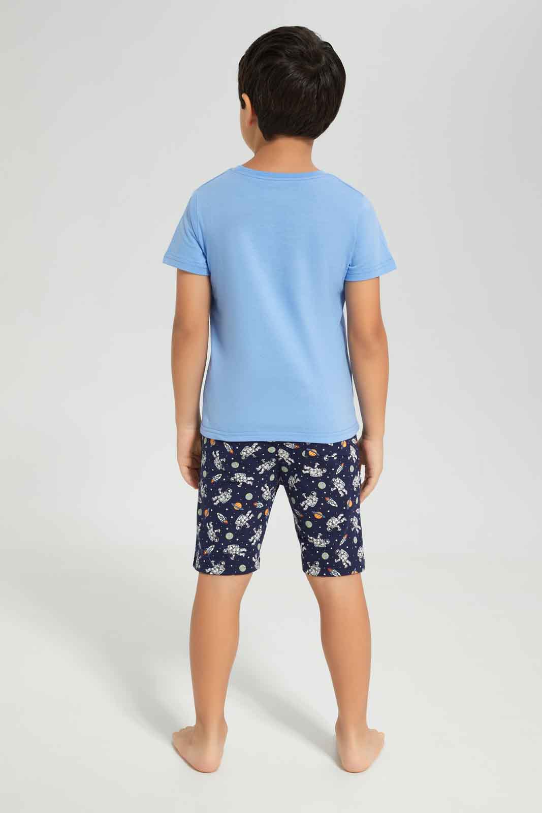 Redtag-Boys-Blue-Space-Short-Sleeve-Graphic-Tee-And-Aop-Shorts-Pyjama-Set-BOY-Pyjama-Sets,-Category:Pyjama-Sets,-Colour:Blue,-Deals:New-In,-Dept:Boys,-Filter:Boys-(2-to-8-Yrs),-New-In-BOY-APL,-Non-Sale,-S23A,-Section:Boys-(0-to-14Yrs),-VLM-Boys-2 to 8 Years