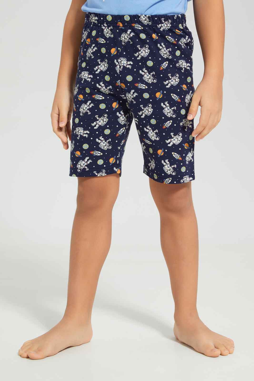 Redtag-Boys-Blue-Space-Short-Sleeve-Graphic-Tee-And-Aop-Shorts-Pyjama-Set-BOY-Pyjama-Sets,-Category:Pyjama-Sets,-Colour:Blue,-Deals:New-In,-Dept:Boys,-Filter:Boys-(2-to-8-Yrs),-New-In-BOY-APL,-Non-Sale,-S23A,-Section:Boys-(0-to-14Yrs),-VLM-Boys-2 to 8 Years