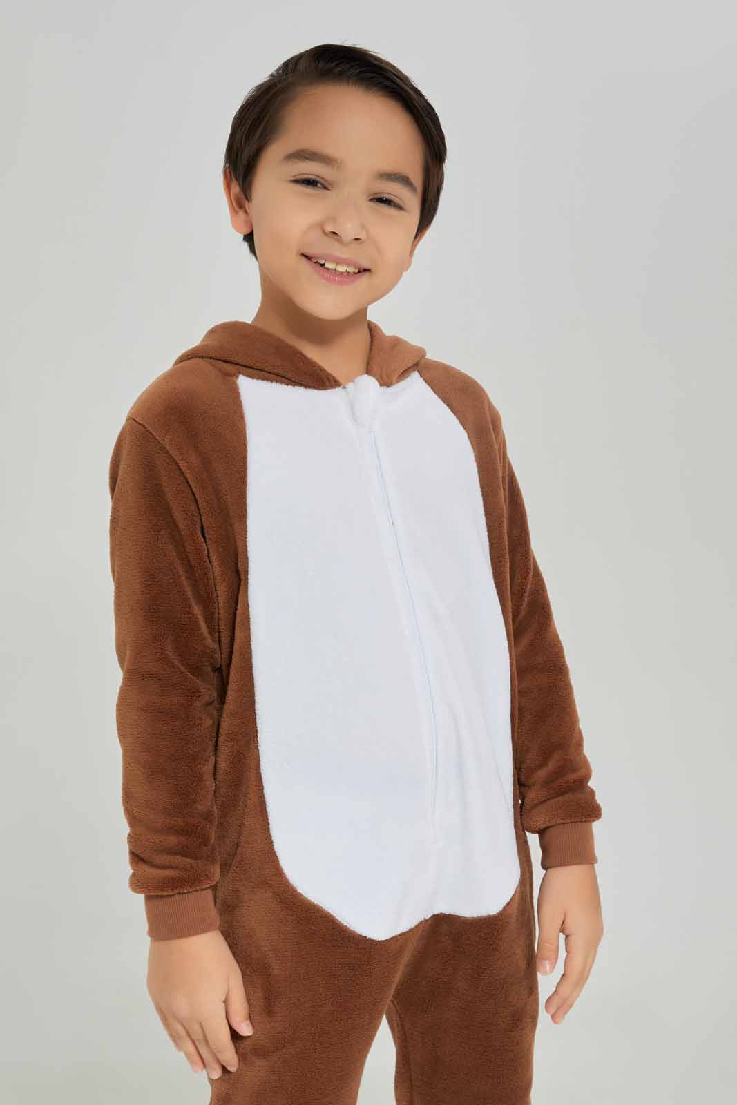 Redtag-Boys-Brown-Monkey-Hood-Coral-Fleece-Onsie-BOY-Pyjama-Sets,-Category:Pyjama-Sets,-Colour:Brown,-Deals:New-In,-Dept:Boys,-Filter:Boys-(2-to-8-Yrs),-New-In-BOY-APL,-Non-Sale,-S23A,-Section:Boys-(0-to-14Yrs)-Boys-2 to 8 Years