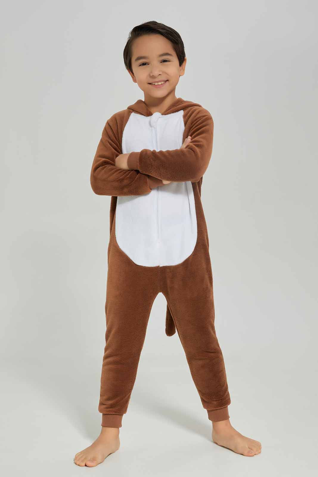 Redtag-Boys-Brown-Monkey-Hood-Coral-Fleece-Onsie-BOY-Pyjama-Sets,-Category:Pyjama-Sets,-Colour:Brown,-Deals:New-In,-Dept:Boys,-Filter:Boys-(2-to-8-Yrs),-New-In-BOY-APL,-Non-Sale,-S23A,-Section:Boys-(0-to-14Yrs)-Boys-2 to 8 Years