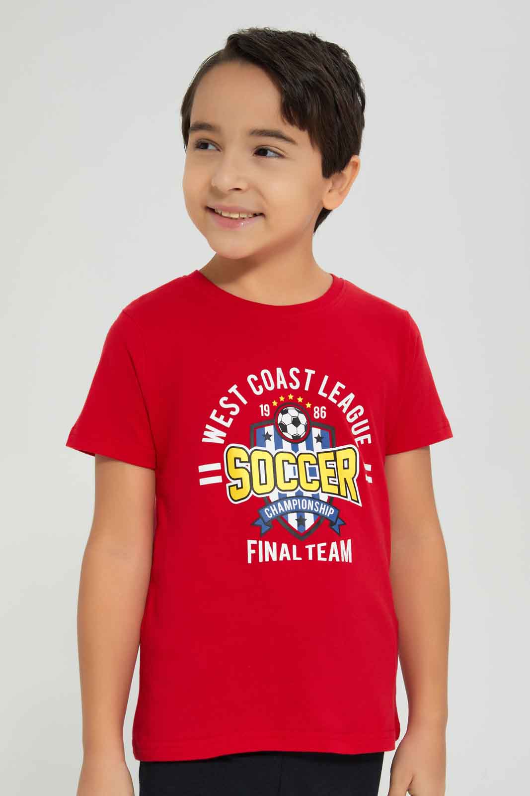 Redtag-Boys-Red-Soccer-Short-Sleeve-Graphic-Tee-And-Shorts-Pyjama-Set-BOY-Pyjama-Sets,-Category:Pyjama-Sets,-Colour:Red,-Deals:New-In,-Dept:Boys,-Filter:Boys-(2-to-8-Yrs),-New-In-BOY-APL,-Non-Sale,-S23A,-Section:Boys-(0-to-14Yrs),-VLM-Boys-2 to 8 Years