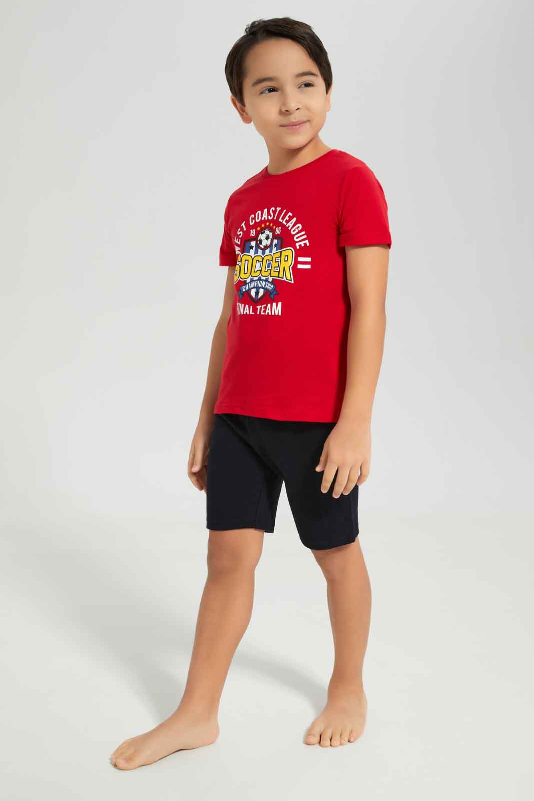 Redtag-Boys-Red-Soccer-Short-Sleeve-Graphic-Tee-And-Shorts-Pyjama-Set-BOY-Pyjama-Sets,-Category:Pyjama-Sets,-Colour:Red,-Deals:New-In,-Dept:Boys,-Filter:Boys-(2-to-8-Yrs),-New-In-BOY-APL,-Non-Sale,-S23A,-Section:Boys-(0-to-14Yrs),-VLM-Boys-2 to 8 Years