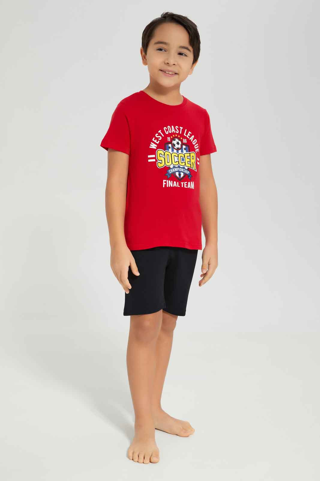 Redtag-Boys-Red-Soccer-Short-Sleeve-Graphic-Tee-And-Shorts-Pyjama-Set-BOY-Pyjama-Sets,-Category:Pyjama-Sets,-Colour:Red,-Deals:New-In,-Dept:Boys,-Filter:Boys-(2-to-8-Yrs),-New-In-BOY-APL,-Non-Sale,-S23A,-Section:Boys-(0-to-14Yrs),-VLM-Boys-2 to 8 Years