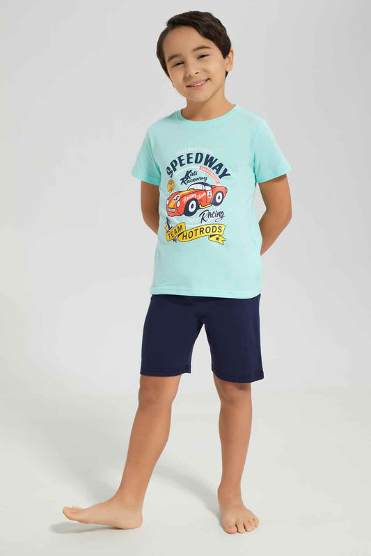 Redtag-Boys-Mint-Car-Short-Sleeve-Graphic-Tee-And-Shorts-Pyjama-Set-BOY-Pyjama-Sets,-Category:Pyjama-Sets,-Colour:Mint,-Deals:New-In,-Dept:Boys,-Filter:Boys-(2-to-8-Yrs),-New-In-BOY-APL,-Non-Sale,-S23A,-Section:Boys-(0-to-14Yrs),-VLM-Boys-2 to 8 Years