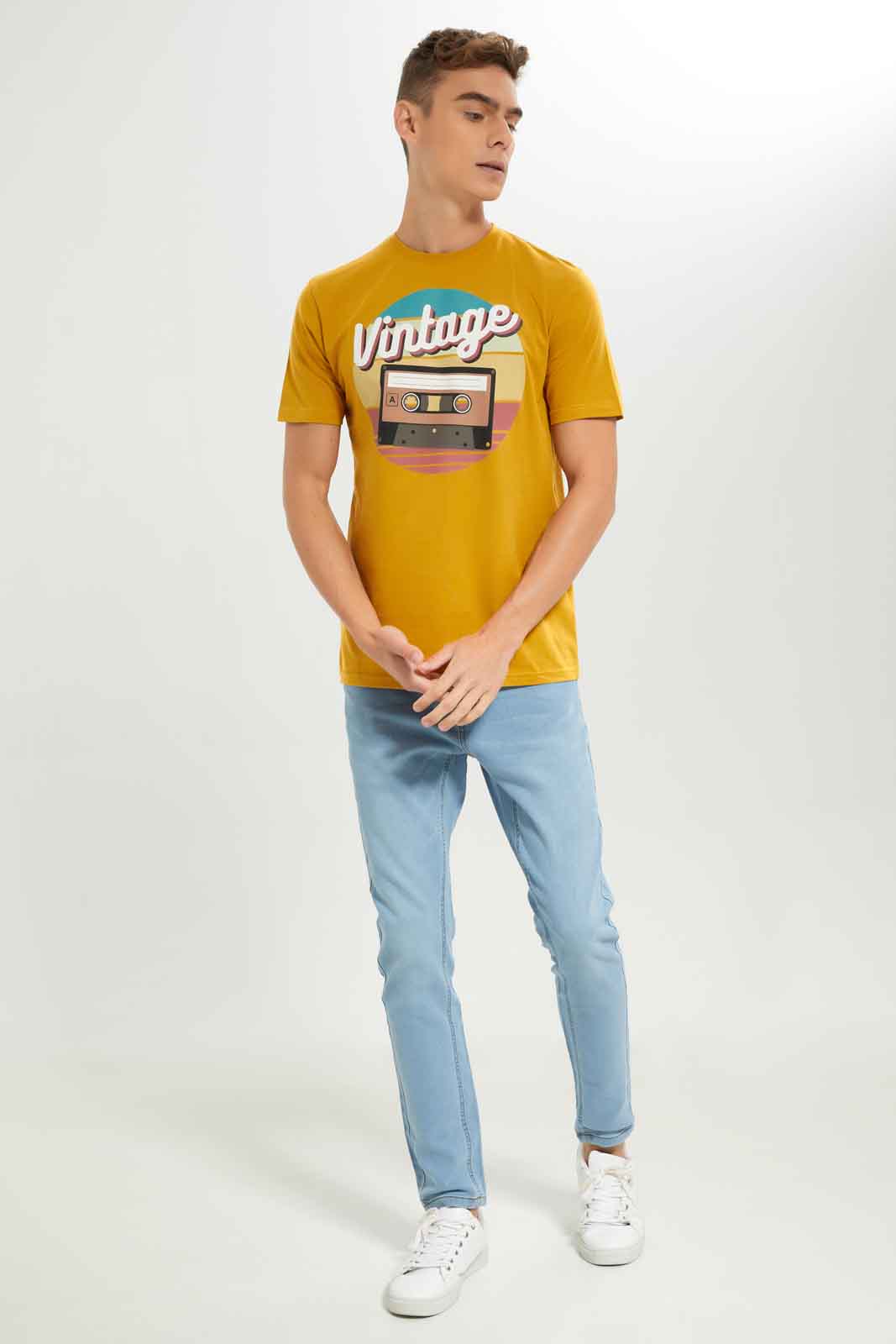 Redtag-Men-Mustard-Graphic-T-Shirt-Category:T-Shirts,-Colour:Mustard,-Deals:New-In,-Dept:Menswear,-Filter:Men's-Clothing,-Men-T-Shirts,-New-In-Men-APL,-Non-Sale,-S23A,-Section:Men,-TBL-Men's-