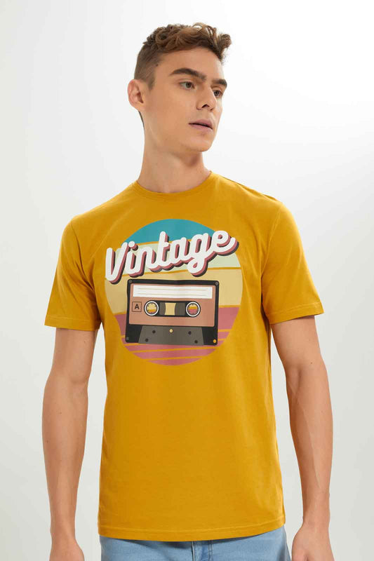 Redtag-Men-Mustard-Graphic-T-Shirt-Category:T-Shirts,-Colour:Mustard,-Deals:New-In,-Dept:Menswear,-Filter:Men's-Clothing,-Men-T-Shirts,-New-In-Men-APL,-Non-Sale,-S23A,-Section:Men,-TBL-Men's-