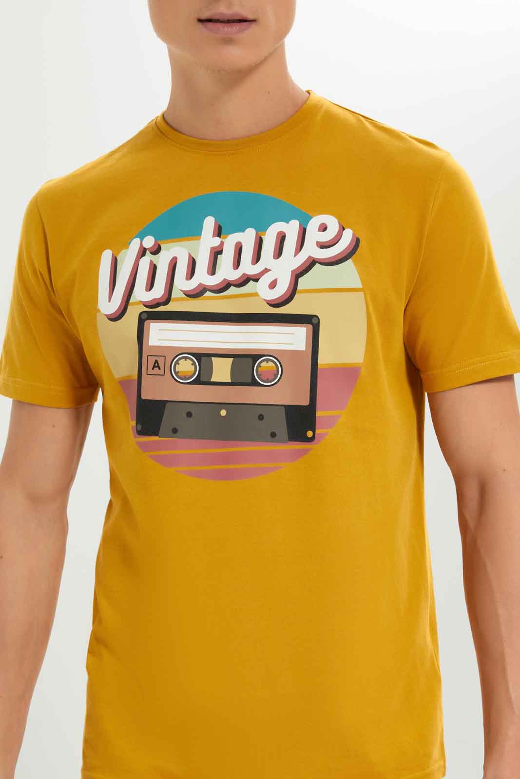 Redtag-Men-Mustard-Graphic-T-Shirt-Category:T-Shirts,-Colour:Mustard,-Deals:New-In,-Dept:Menswear,-Filter:Men's-Clothing,-Men-T-Shirts,-New-In-Men-APL,-Non-Sale,-S23A,-Section:Men,-TBL-Men's-
