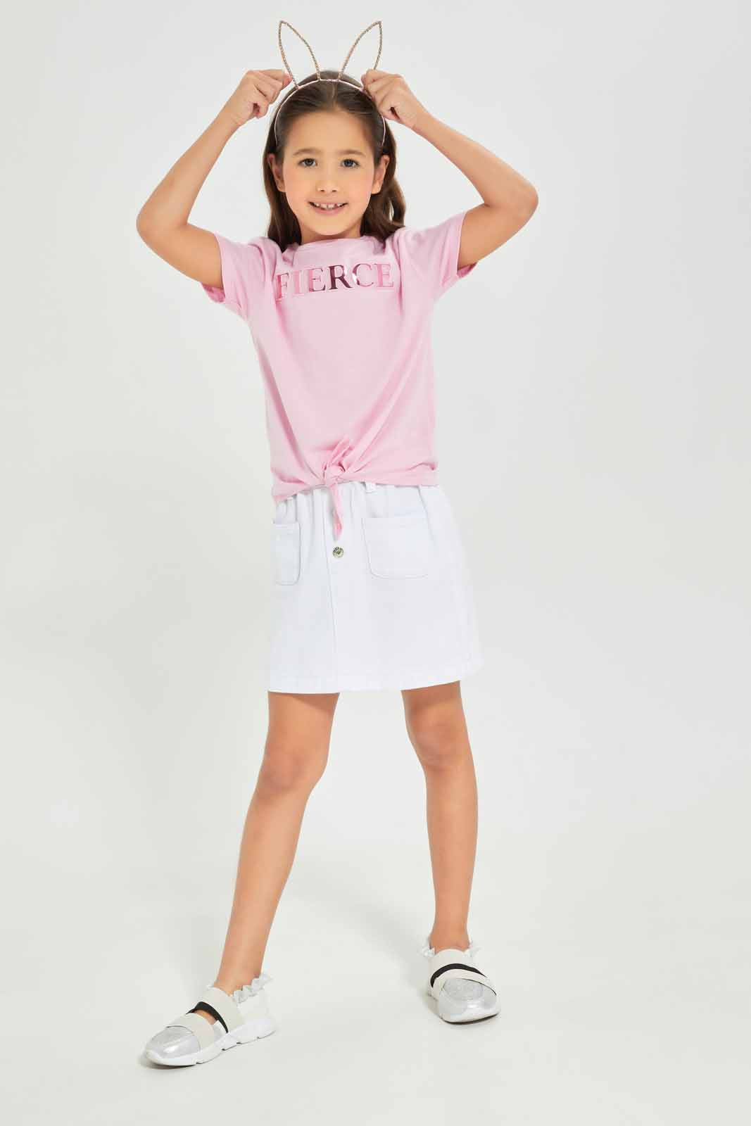 Redtag-Girls-Ss-Tee-Tie-Detail---Pink-Fierce-Category:T-Shirts,-Colour:Apricot,-Deals:New-In,-Dept:Girls,-Filter:Girls-(2-to-8-Yrs),-GIR-T-Shirts,-New-In-GIR-APL,-Non-Sale,-Section:Girls-(0-to-14Yrs),-TBL,-W22A-Girls-2 to 8 Years