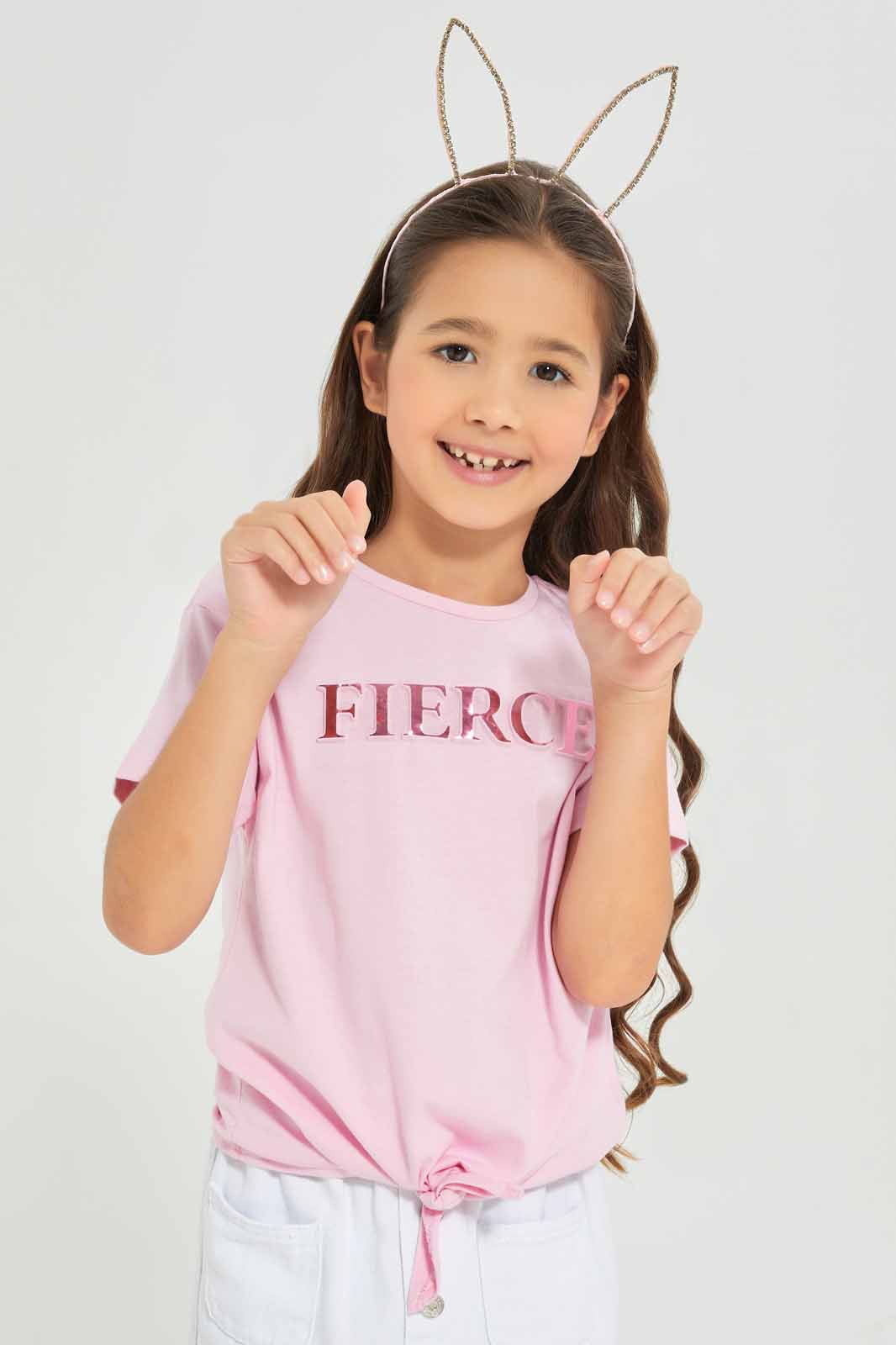 Redtag-Girls-Ss-Tee-Tie-Detail---Pink-Fierce-Category:T-Shirts,-Colour:Apricot,-Deals:New-In,-Dept:Girls,-Filter:Girls-(2-to-8-Yrs),-GIR-T-Shirts,-New-In-GIR-APL,-Non-Sale,-Section:Girls-(0-to-14Yrs),-TBL,-W22A-Girls-2 to 8 Years