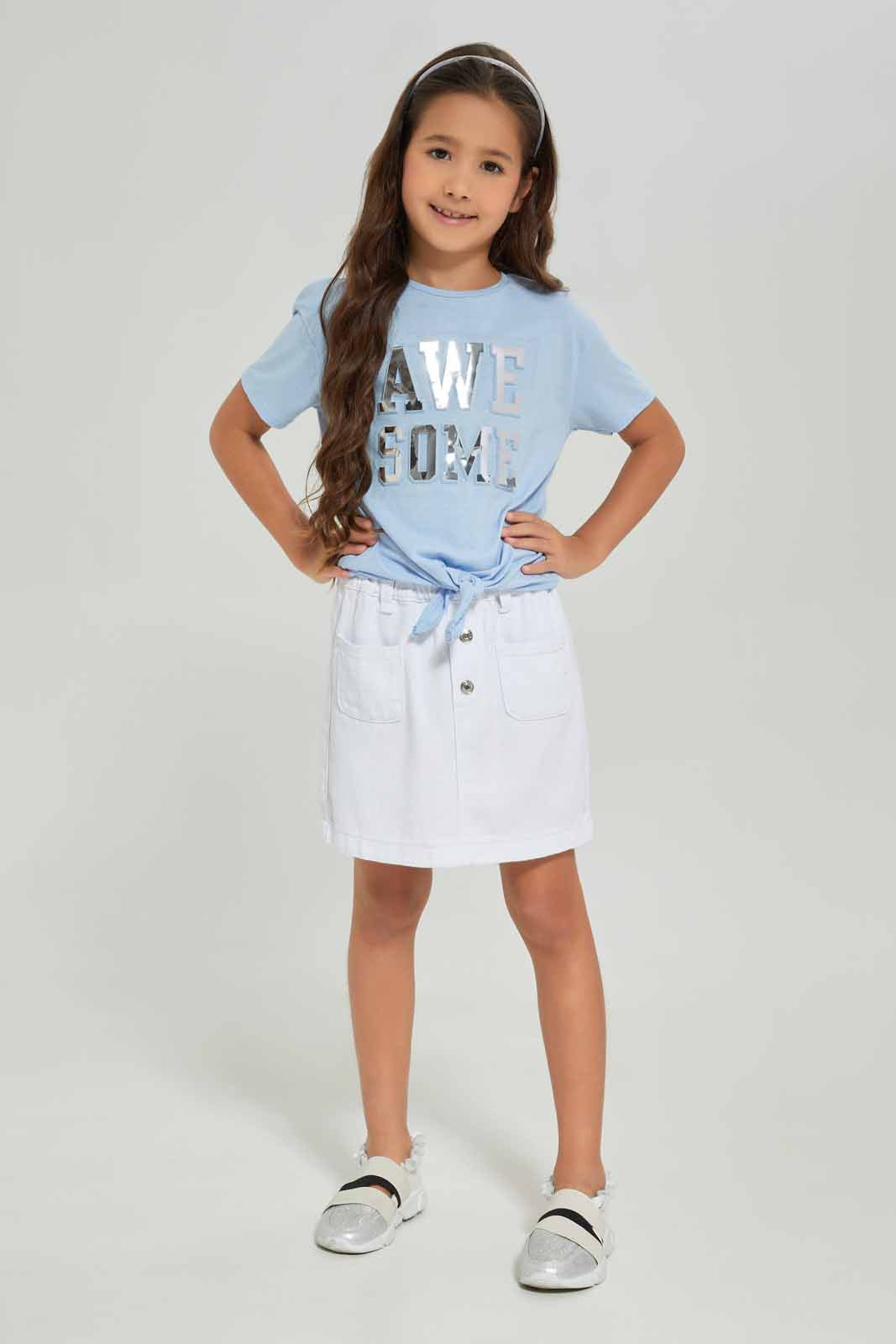 Redtag-Girls-Ss-Tee-Tie-Detail--Blue-Awesome-Category:T-Shirts,-Colour:Blue,-Deals:New-In,-Dept:Girls,-Filter:Girls-(2-to-8-Yrs),-GIR-T-Shirts,-New-In-GIR-APL,-Non-Sale,-Section:Girls-(0-to-14Yrs),-TBL,-W22A-Girls-2 to 8 Years