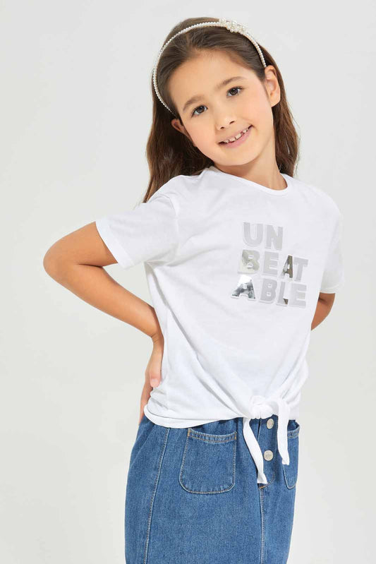 Redtag-Girls-Ss-Tee-Tie-Detail---White-Unbeatable-Category:T-Shirts,-Colour:White,-Deals:New-In,-Dept:Girls,-Filter:Girls-(2-to-8-Yrs),-GIR-T-Shirts,-New-In-GIR-APL,-Non-Sale,-Section:Girls-(0-to-14Yrs),-TBL,-W22A-Girls-2 to 8 Years