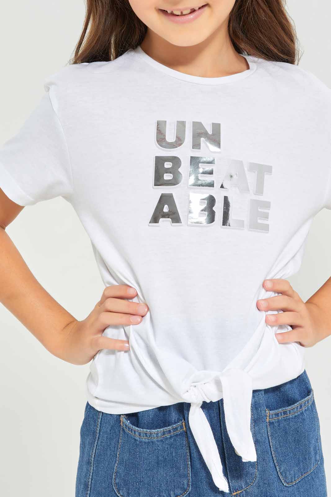 Redtag-Girls-Ss-Tee-Tie-Detail---White-Unbeatable-Category:T-Shirts,-Colour:White,-Deals:New-In,-Dept:Girls,-Filter:Girls-(2-to-8-Yrs),-GIR-T-Shirts,-New-In-GIR-APL,-Non-Sale,-Section:Girls-(0-to-14Yrs),-TBL,-W22A-Girls-2 to 8 Years