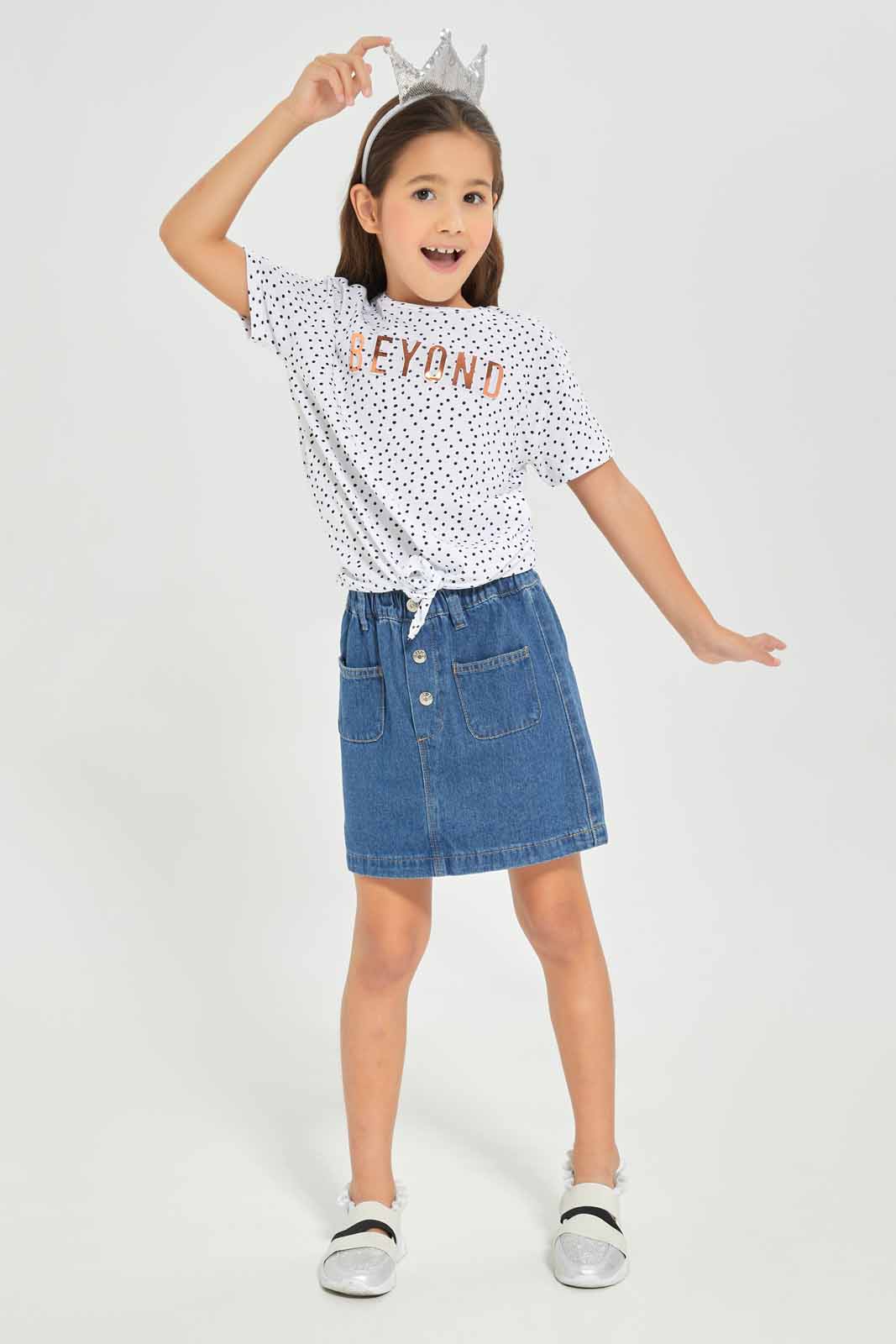 Redtag-Girls-Ss-Tie-Detail--Spot-Black-And-White-Category:T-Shirts,-Colour:White,-Deals:New-In,-Dept:Girls,-Filter:Girls-(2-to-8-Yrs),-GIR-T-Shirts,-New-In-GIR-APL,-Non-Sale,-Section:Girls-(0-to-14Yrs),-TBL,-W22A-Girls-2 to 8 Years