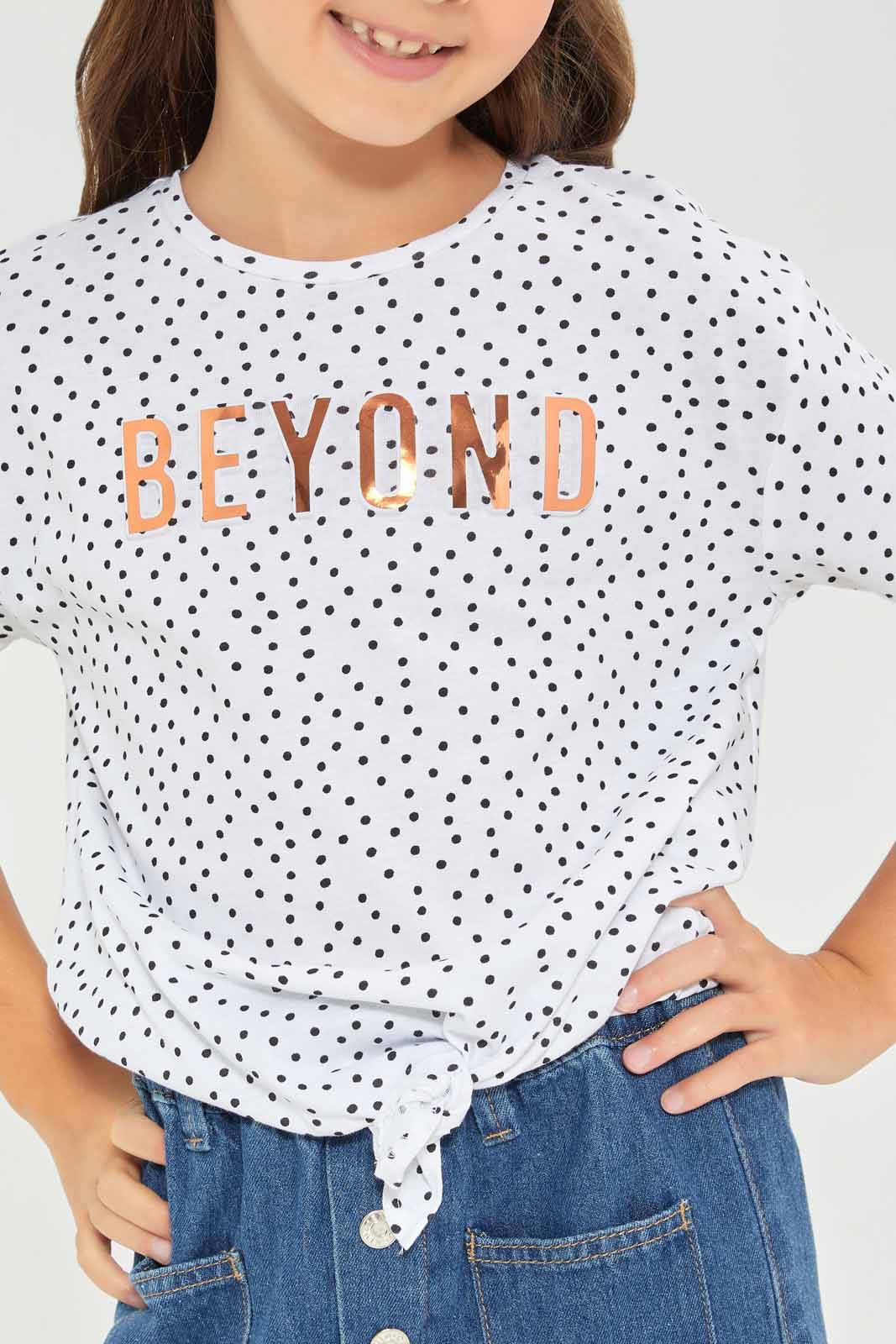 Redtag-Girls-Ss-Tie-Detail--Spot-Black-And-White-Category:T-Shirts,-Colour:White,-Deals:New-In,-Dept:Girls,-Filter:Girls-(2-to-8-Yrs),-GIR-T-Shirts,-New-In-GIR-APL,-Non-Sale,-Section:Girls-(0-to-14Yrs),-TBL,-W22A-Girls-2 to 8 Years