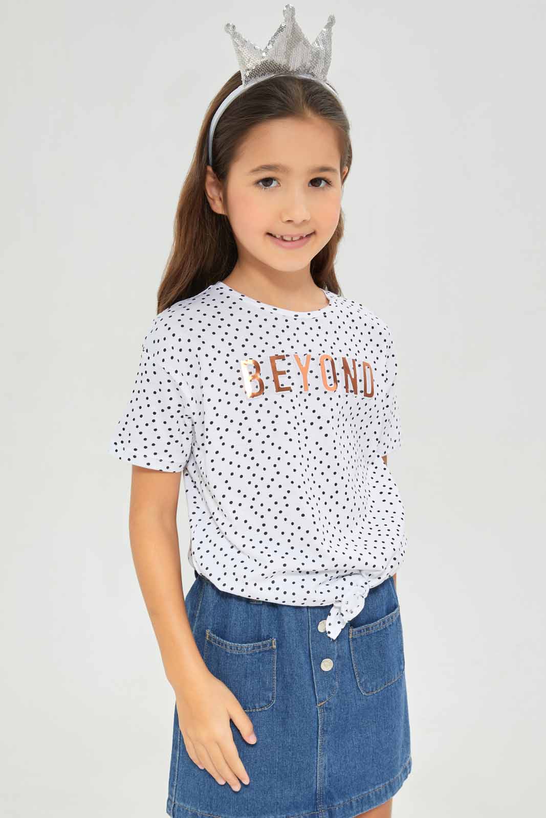 Redtag-Girls-Ss-Tie-Detail--Spot-Black-And-White-Category:T-Shirts,-Colour:White,-Deals:New-In,-Dept:Girls,-Filter:Girls-(2-to-8-Yrs),-GIR-T-Shirts,-New-In-GIR-APL,-Non-Sale,-Section:Girls-(0-to-14Yrs),-TBL,-W22A-Girls-2 to 8 Years