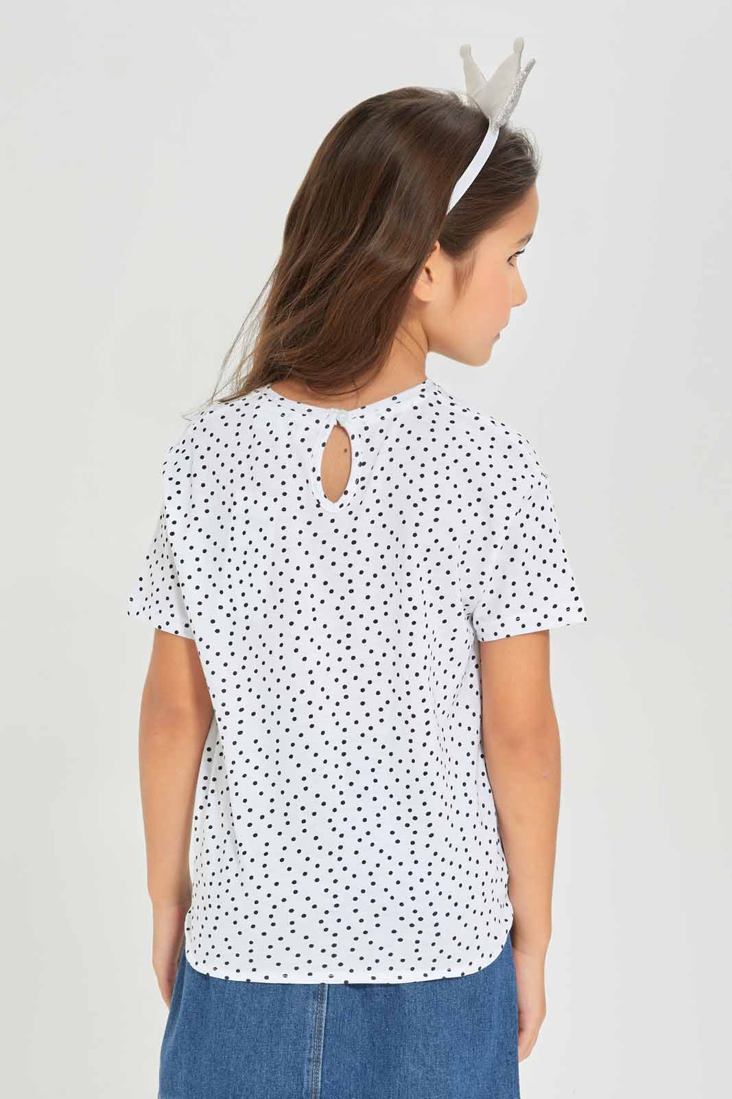 Redtag-Girls-Ss-Tie-Detail--Spot-Black-And-White-Category:T-Shirts,-Colour:White,-Deals:New-In,-Dept:Girls,-Filter:Girls-(2-to-8-Yrs),-GIR-T-Shirts,-New-In-GIR-APL,-Non-Sale,-Section:Girls-(0-to-14Yrs),-TBL,-W22A-Girls-2 to 8 Years