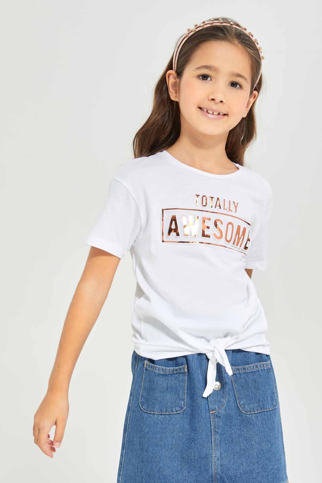 Redtag-Girls-Ss-Tie-Detail--White-Category:T-Shirts,-Colour:White,-Deals:New-In,-Dept:Girls,-Filter:Girls-(2-to-8-Yrs),-GIR-T-Shirts,-New-In-GIR-APL,-Non-Sale,-Section:Girls-(0-to-14Yrs),-TBL,-W22A-Girls-2 to 8 Years