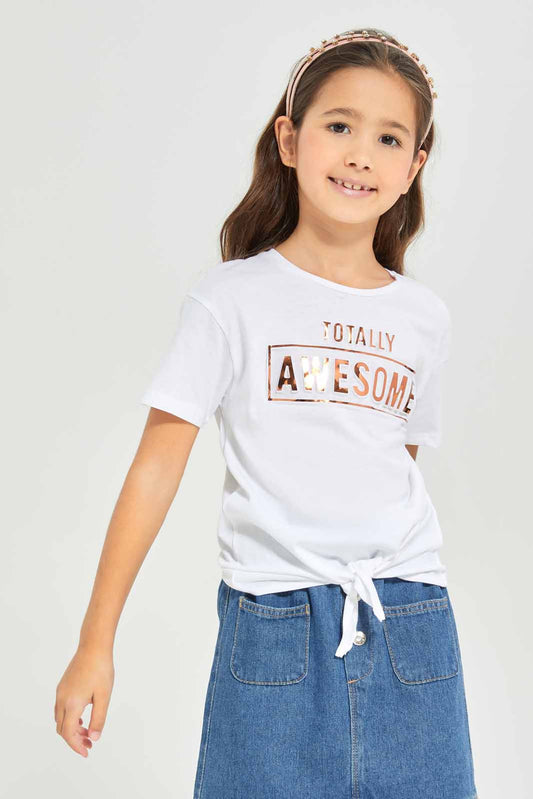 Redtag-Girls-Ss-Tie-Detail--White-Category:T-Shirts,-Colour:White,-Deals:New-In,-Dept:Girls,-Filter:Girls-(2-to-8-Yrs),-GIR-T-Shirts,-New-In-GIR-APL,-Non-Sale,-Section:Girls-(0-to-14Yrs),-TBL,-W22A-Girls-2 to 8 Years