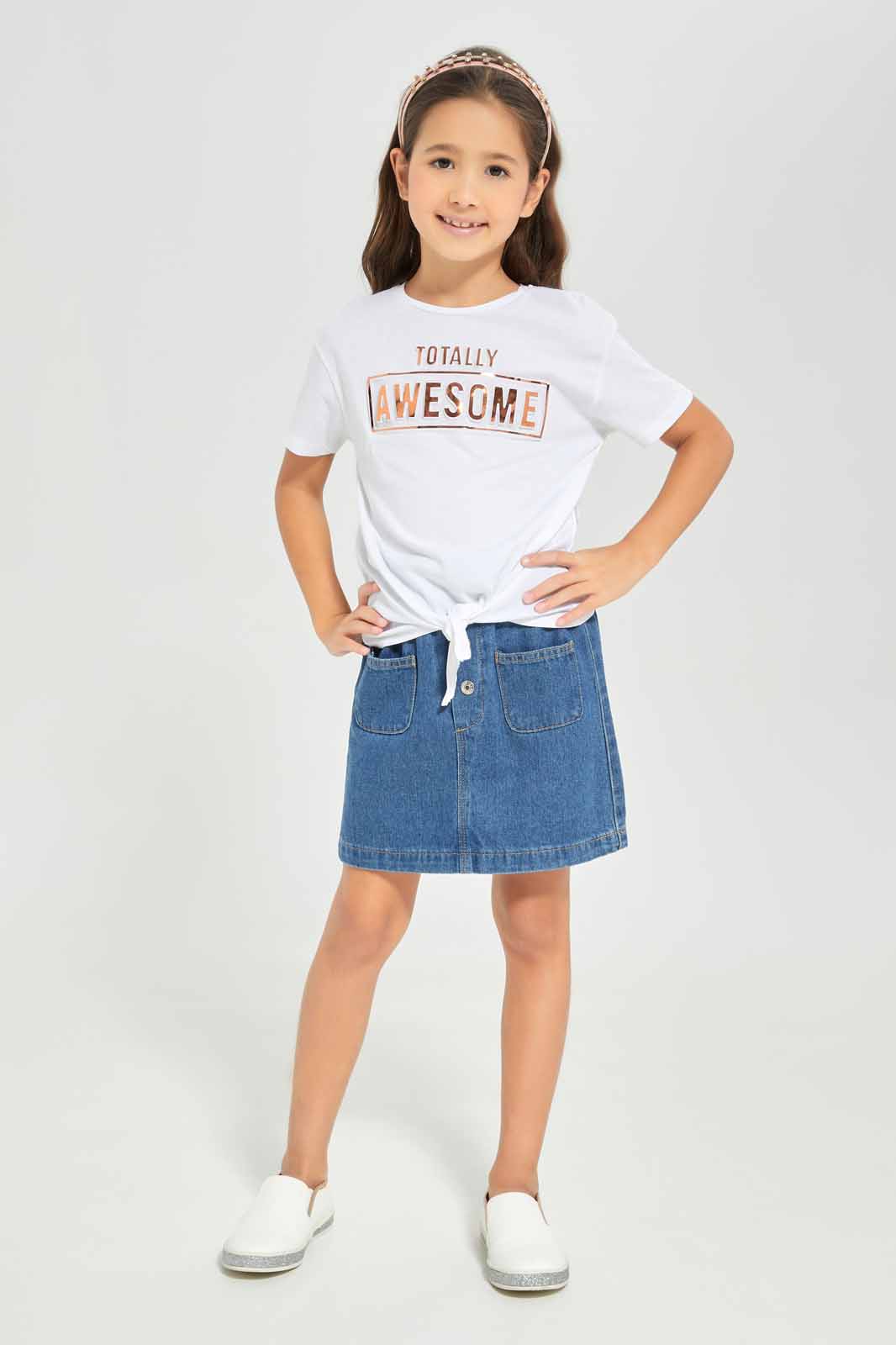 Redtag-Girls-Ss-Tie-Detail--White-Category:T-Shirts,-Colour:White,-Deals:New-In,-Dept:Girls,-Filter:Girls-(2-to-8-Yrs),-GIR-T-Shirts,-New-In-GIR-APL,-Non-Sale,-Section:Girls-(0-to-14Yrs),-TBL,-W22A-Girls-2 to 8 Years