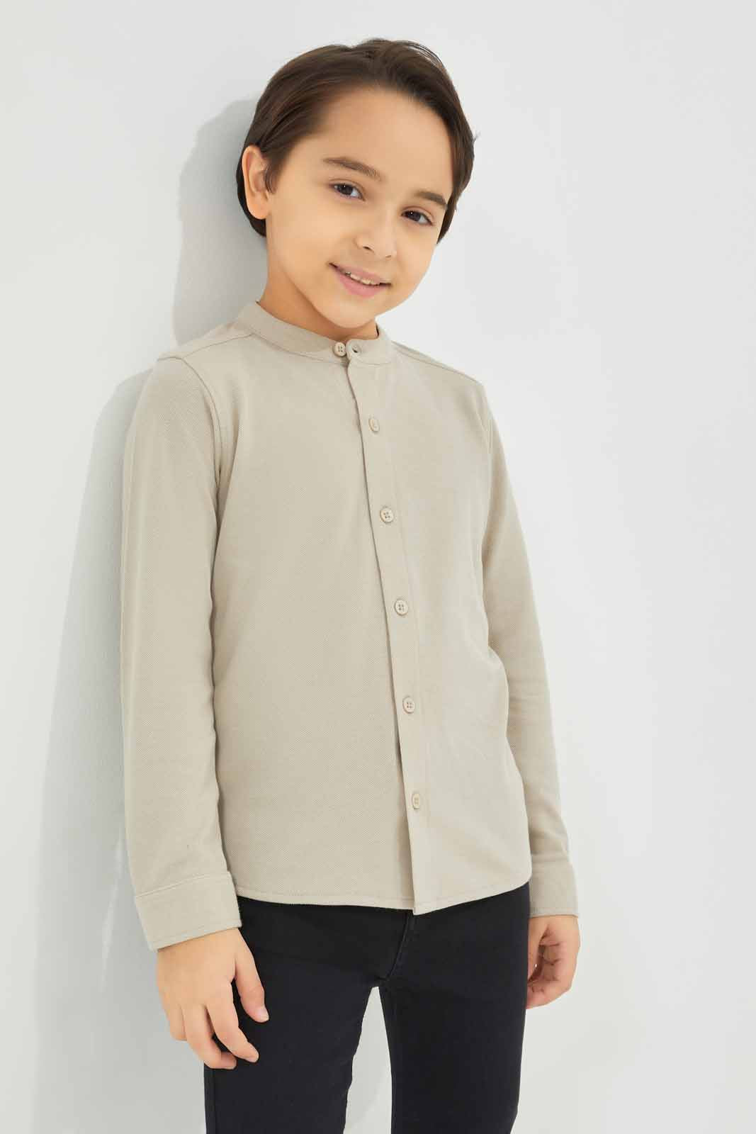 Redtag-Boys-Stone-Long-Sleeve-Pique-Shirt-BOY-Shirts,-Category:Shirts,-Colour:Beige,-Deals:New-In,-Dept:Boys,-Filter:Boys-(2-to-8-Yrs),-New-In-BOY-APL,-Non-Sale,-S23A,-Section:Boys-(0-to-14Yrs),-TBL-Boys-2 to 8 Years